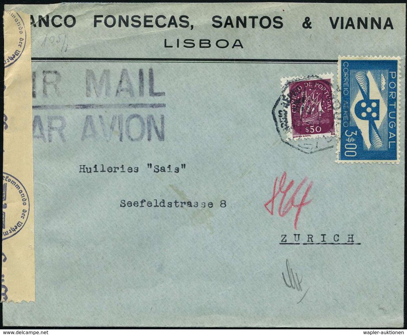 FLUGBEDARFSPOST / REGULÄRE LUFTPOST / FRANKATUREN / PORTOSTUFEN : PORTUGAL 1943 (24.5.) 50 C. Karavelle U. 3 E. Flp. (ge - Altri (Aria)