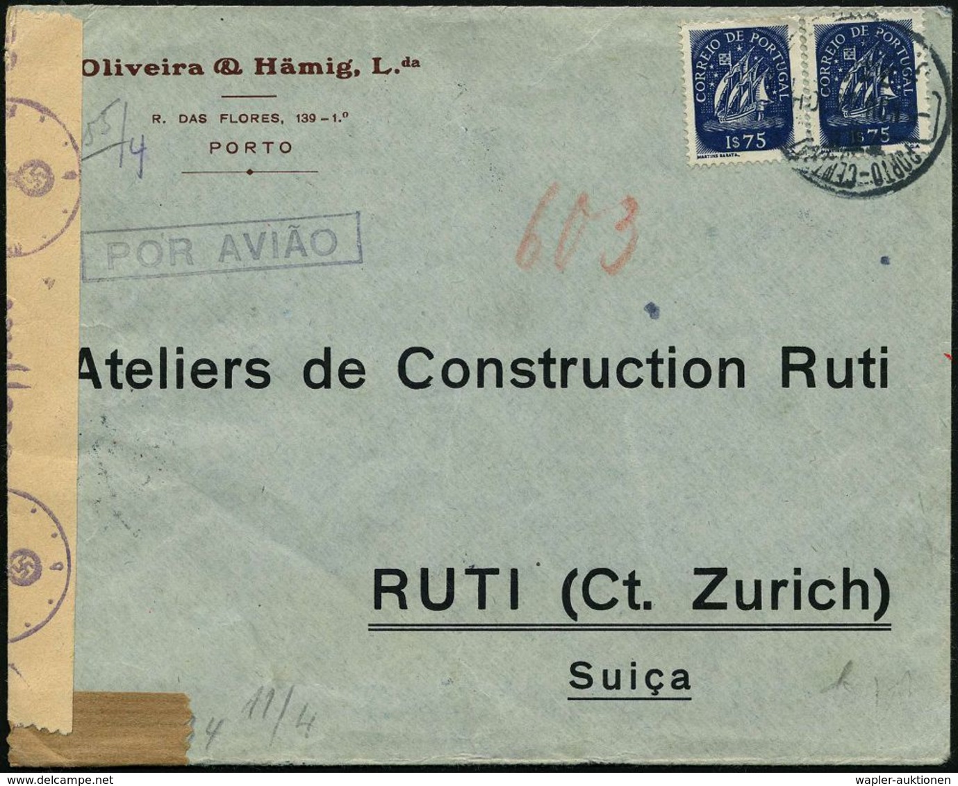 FLUGBEDARFSPOST / REGULÄRE LUFTPOST / FRANKATUREN / PORTOSTUFEN : PORTUGAL 1943 (5.11.) 1,75 E. Karavelle, Blau, MeF: 2  - Autres (Air)