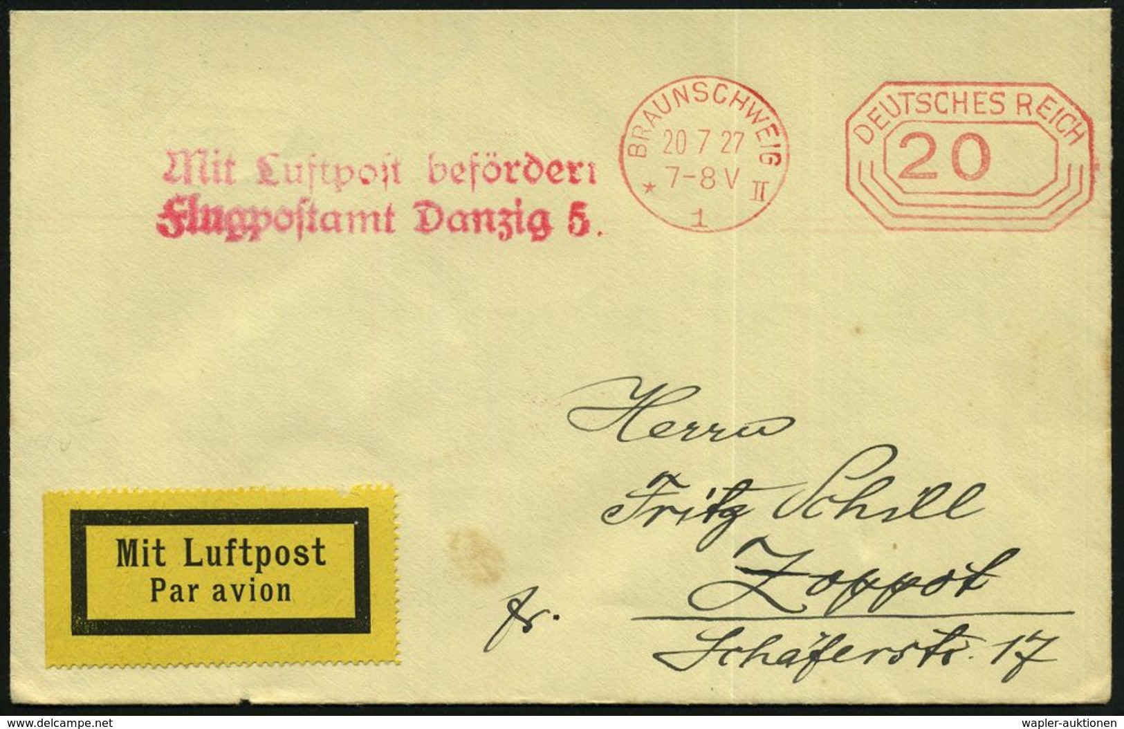 DEUTSCHE FLUGBESTÄTIGUNGSSTEMPEL : Danzig 5 1927 (20.7.) Roter 2L: Mit Luftpost Befördert/ Flugpostamt Danzig 5. (Mi.F 2 - Autres (Air)