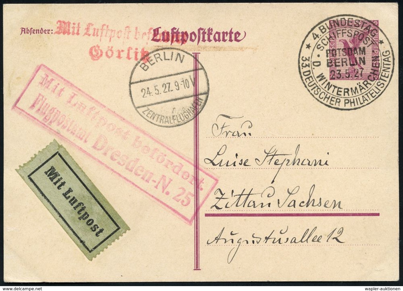 DEUTSCHE FLUGBESTÄTIGUNGSSTEMPEL : Dresden /  Potsdam /  Berlin /  Görlitz 1927 (23.5.) Roter Ra.2: MLb/Flugpostamt Dres - Other (Air)