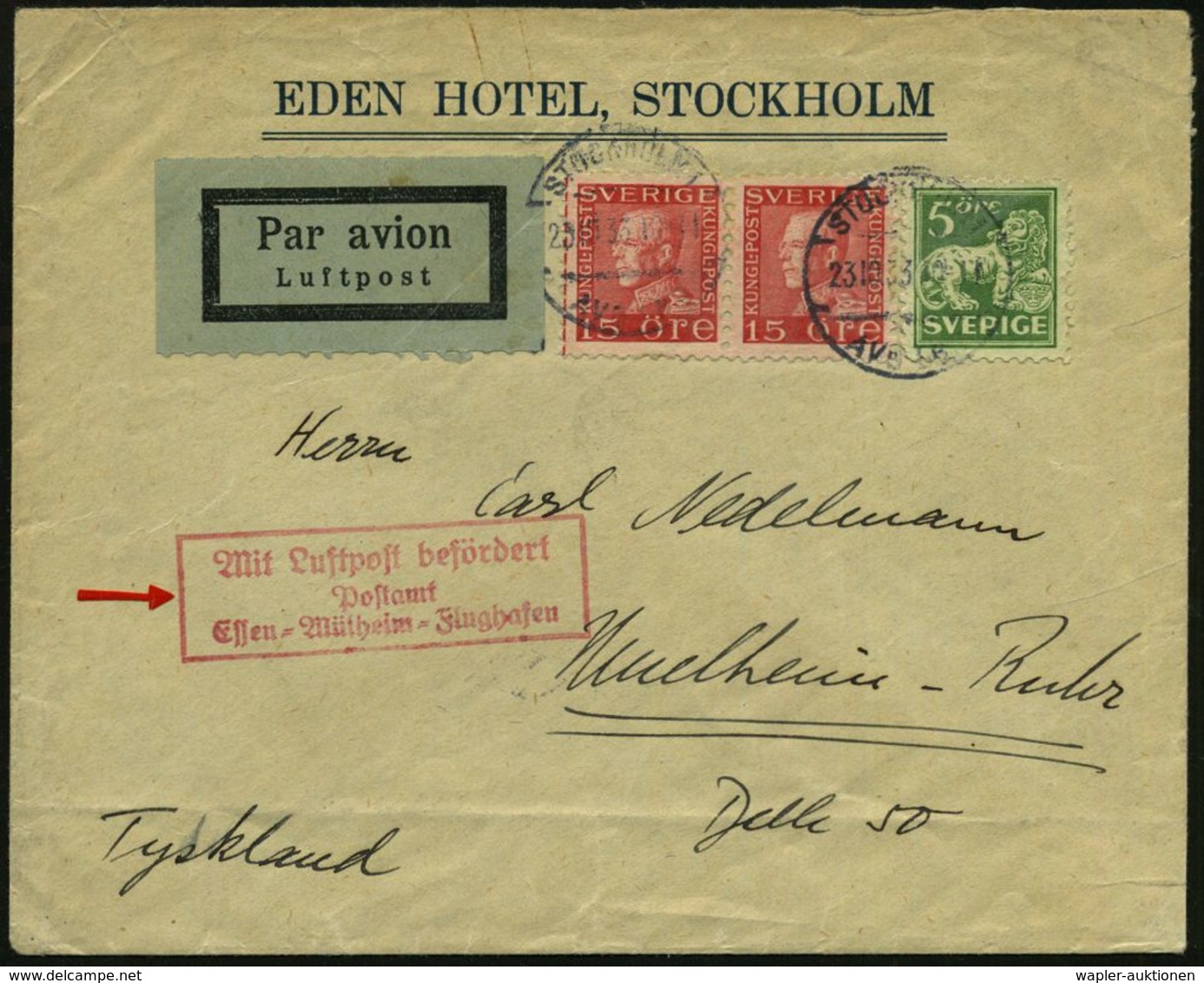 DEUTSCHE FLUGBESTÄTIGUNGSSTEMPEL : Essen-Mülheim 1933 (23.10.) Roter Ra.3: MLb/Postamt/Essen-Mülheim-Flughafen (Mi.F 34- - Other (Air)