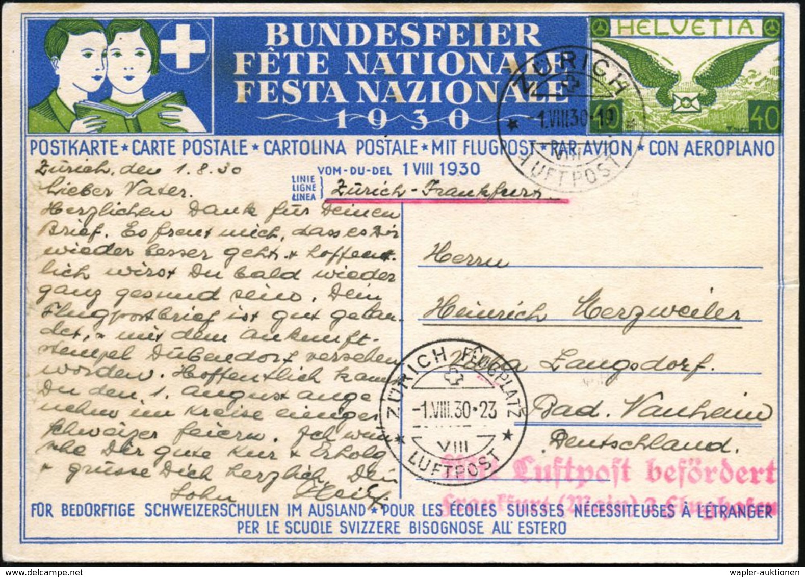 DEUTSCHE FLUGBESTÄTIGUNGSSTEMPEL : Frankfurt/ Main 1930 (1.8.) Roter 2L: MLb/Frankfurt (Main) 2 Flughafen (Mi.F 36-08 +  - Altri (Aria)