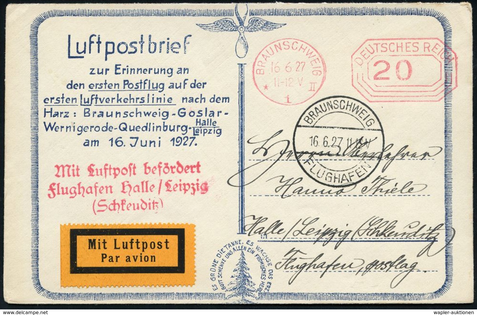 DEUTSCHE FLUGBESTÄTIGUNGSSTEMPEL : Halle /  Leipzig /  Braunschweig 1927 (16.6.) Roter 3L.: MLb/ Flughafen Halle-Leipzig - Autres (Air)