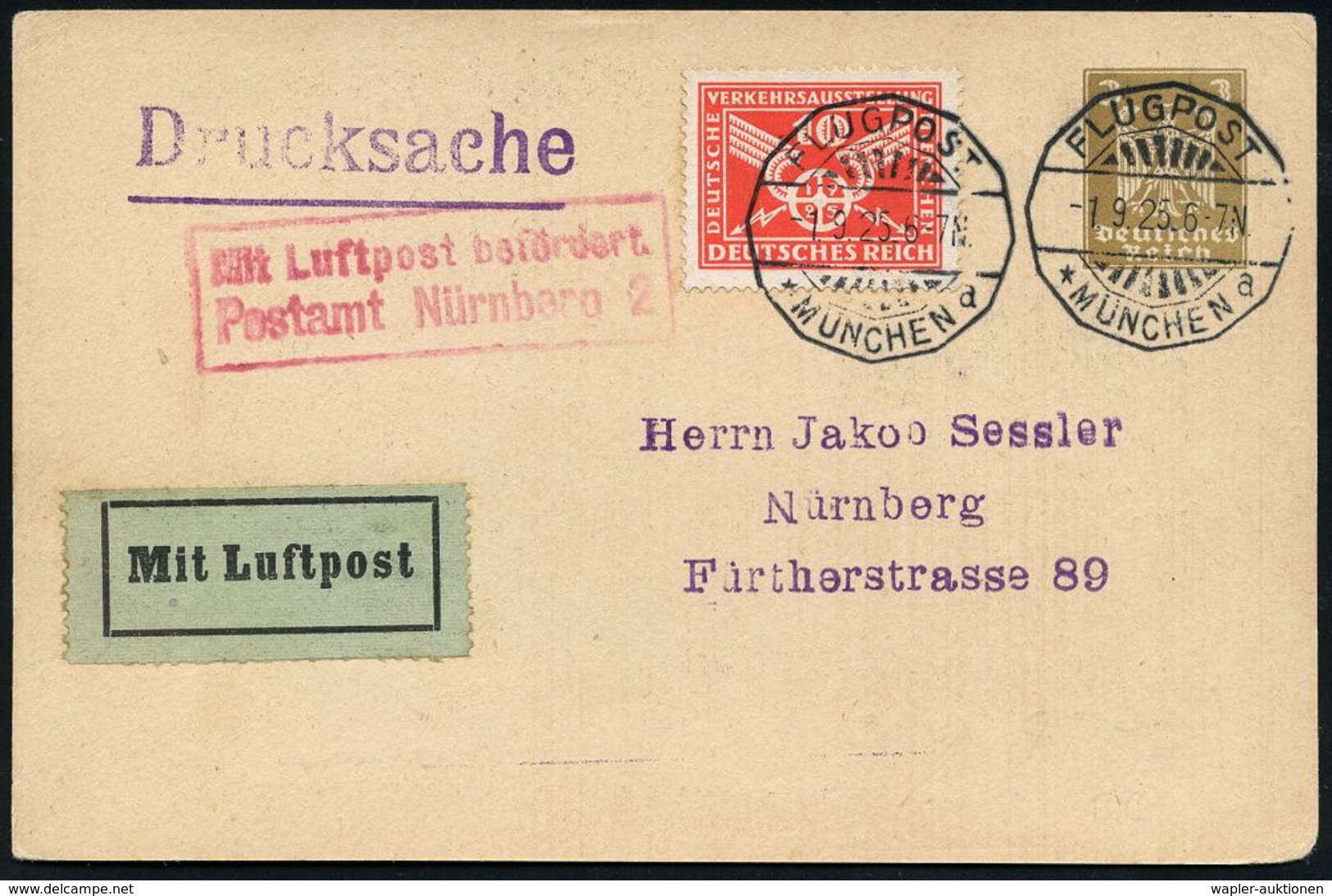 DEUTSCHE FLUGBESTÄTIGUNGSSTEMPEL : Nürnberg 2 1925 (1.9.) Roter Ra.2: MLb/ Postamt Nürnberg 2 (Mi.F 81-01 A, + 18.- EUR) - Altri (Aria)