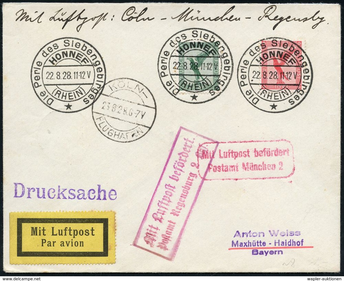 DEUTSCHE FLUGBESTÄTIGUNGSSTEMPEL : Regensburg 2 1928 (22.8.) Roter Ra.2: MLb/ Postamt Regensburg 2 Bhf. (Mi.F 86-01 A, + - Other (Air)