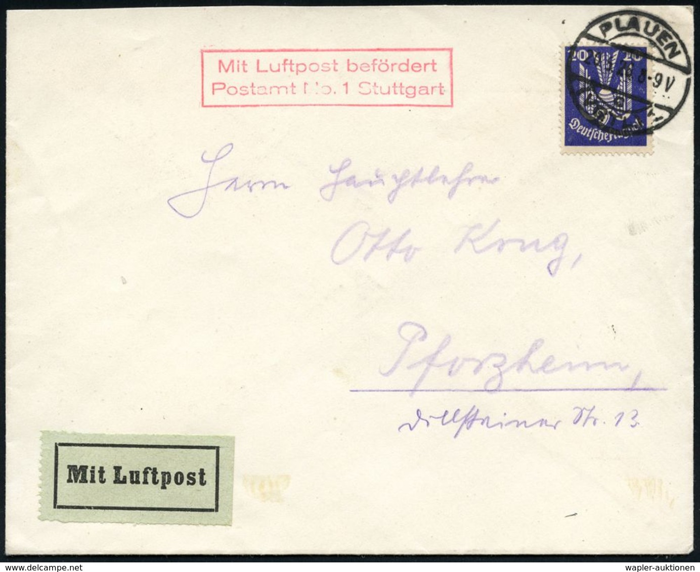 DEUTSCHE FLUGBESTÄTIGUNGSSTEMPEL : Stuttgart 1 1926 (20.5.) Roter Ra.2: MLb/ Postamt No.1 Stuttgart (Mi.F 99-02, + 15.-  - Altri (Aria)