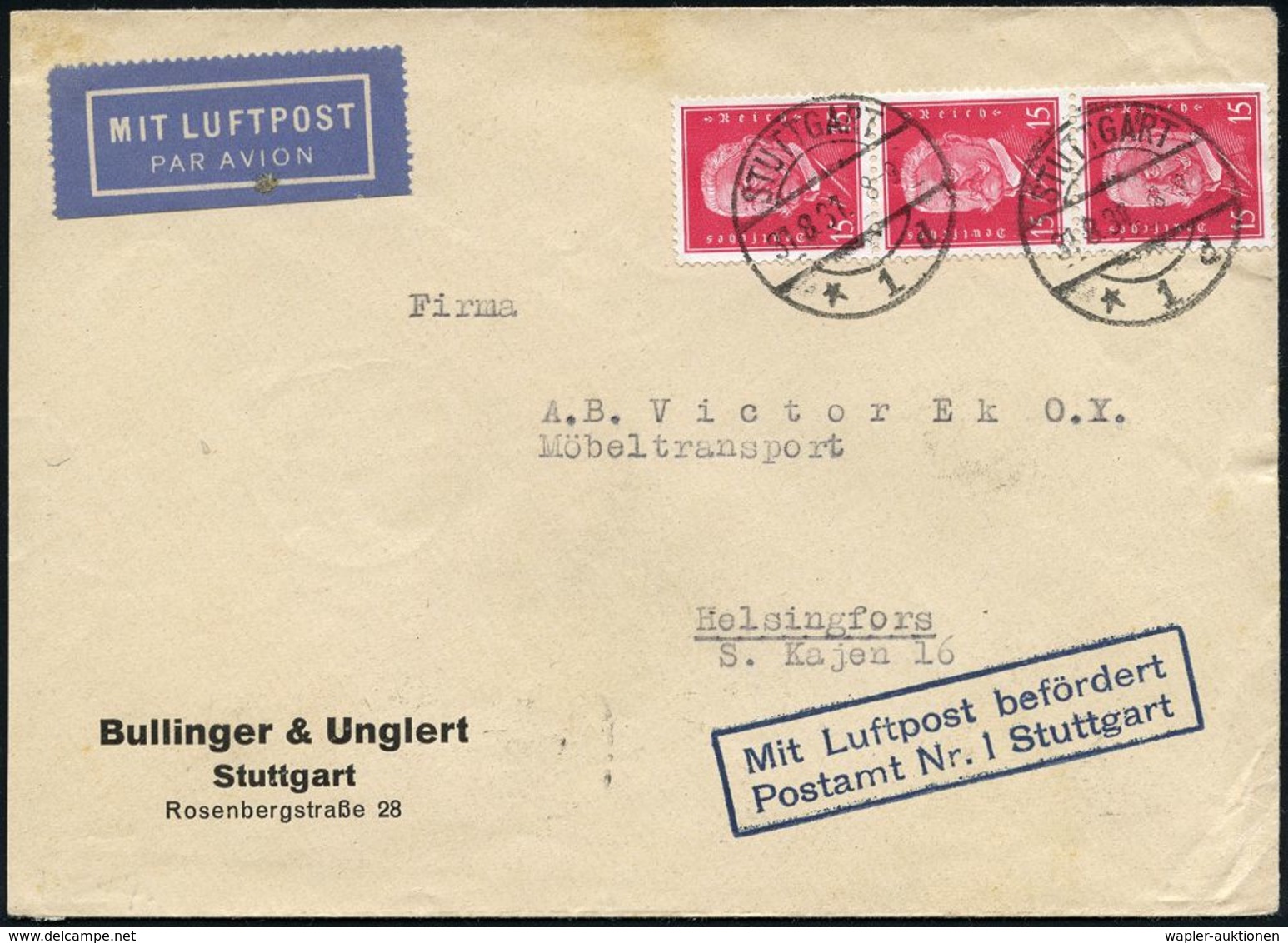 DEUTSCHE FLUGBESTÄTIGUNGSSTEMPEL : Stuttgart Nr.1 1931 (31.8.) Blauer Ra.2: MLb/ Postamt Nr.1 Stuttgart (Mi.F 99-03 B, + - Altri (Aria)