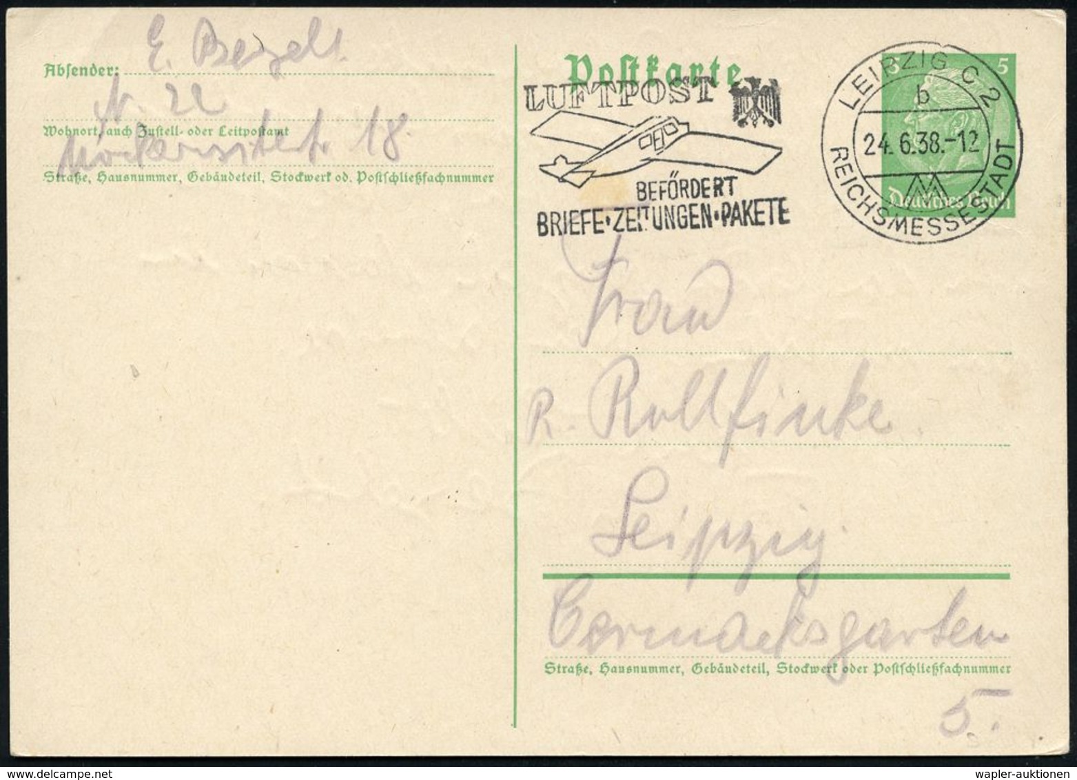 LUFTPOSTWERBESTEMPEL : LEIPZIG C 2/ B/ MM/ REICHSMESSESTADT/ LUFTPOST/ BEFÖRDET/ BRIEFE-ZEITUNGEN-PAKETE 1938 (24.6.) MW - Other (Air)