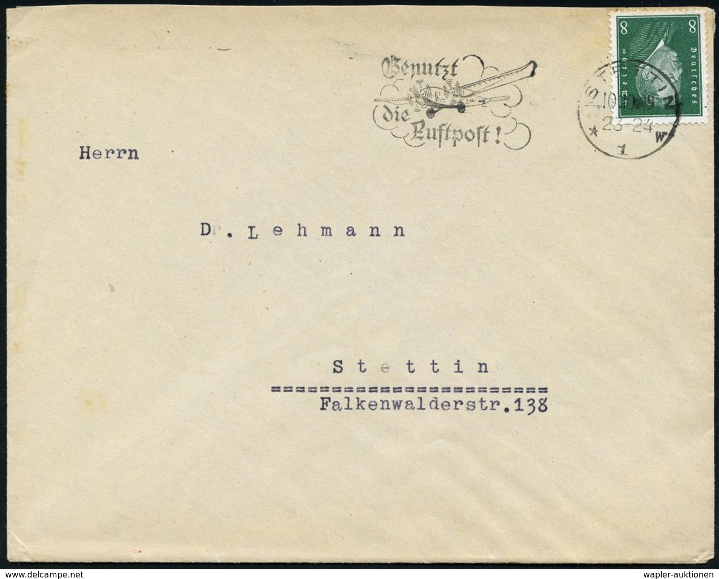 LUFTPOSTWERBESTEMPEL : STETTIN/ *1w/ Benutzt/ Die/ Luftpost! 1929 (10.10.) MWSt Klar Auf Orts-Bedarfsbf. (Bo.S 72 A) - Autres (Air)