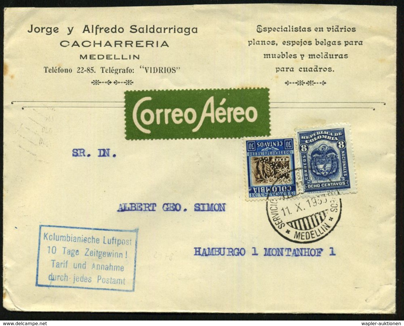 LUFTPOSTWERBESTEMPEL : KOLUMBIEN 1933 (11.10.) Amtl., Blauer Ra.4: Kolumbianische Luftpost/10 Tage Zeitgewinn!/Tarif U.A - Autres (Air)