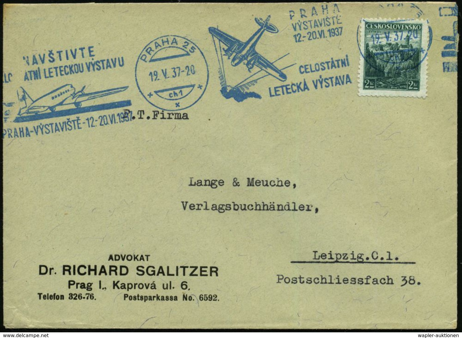 LUFTPOSTWERBESTEMPEL : TSCHECHOSLOWAKEI 1937 (19.V.) Blauer BdMWSt: PRAHA 2/..PRAHA VYSTAVISTE.. = 2 Texte = 2x Flugzeug - Autres (Air)