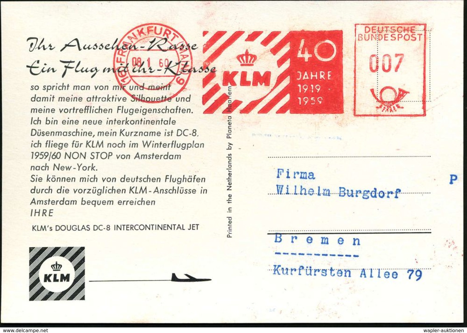 FLUGGESELLSCHAFTEN (OHNE DEUTSCHLAND) : (16) FRANKFURT (MAIN) 9/ KLM/ 40/ JAHRE/ 1919-/ 1959 1959 (8.1.) Seltener Jubil. - Other (Air)