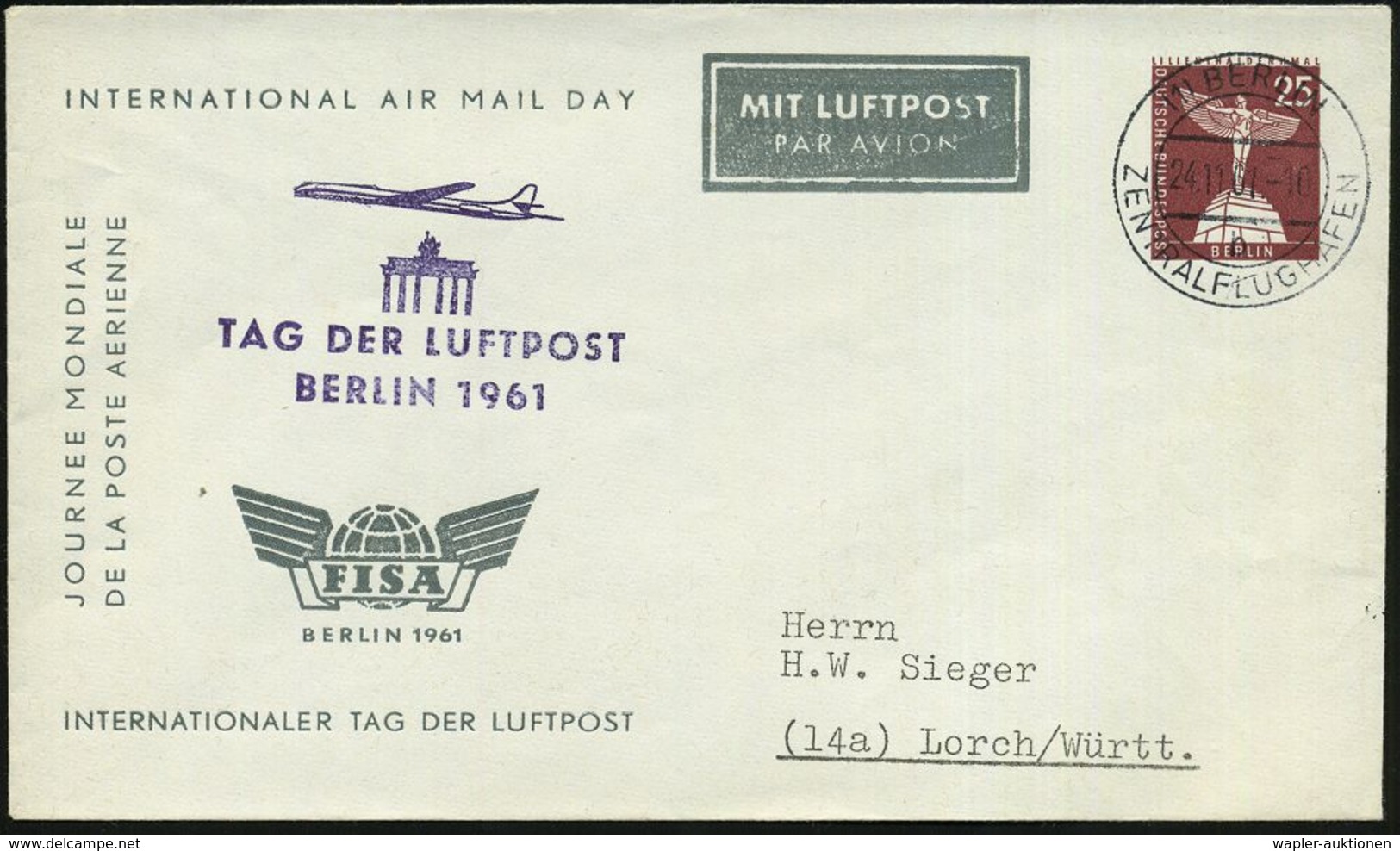 FLUGHAFEN / FLUGHAFEN-POSTÄMTER : (1) BERLIN/ B/ ZENTRALFLUGHAFEN 1961 (24.11.) 2K-Steg = Hauspostamt Flughafen Tempelho - Autres (Air)