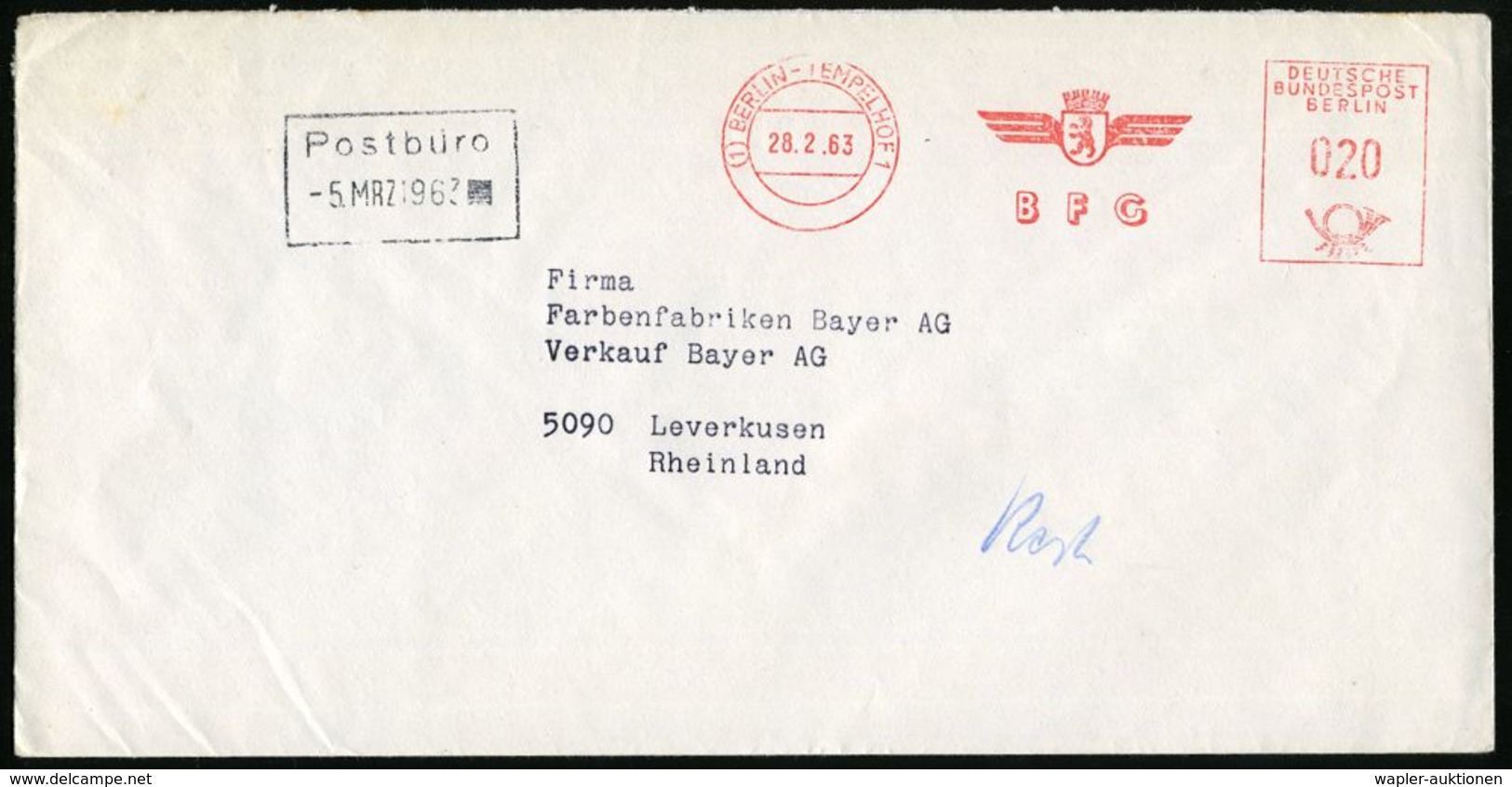 FLUGHAFEN / FLUGHAFEN-POSTÄMTER : (1) BERLIN-TEMPELHOF 1/ BFG 1963 (28.2.) AFS (Logo) = Berliner Flughafen-Gesellschaft, - Autres (Air)