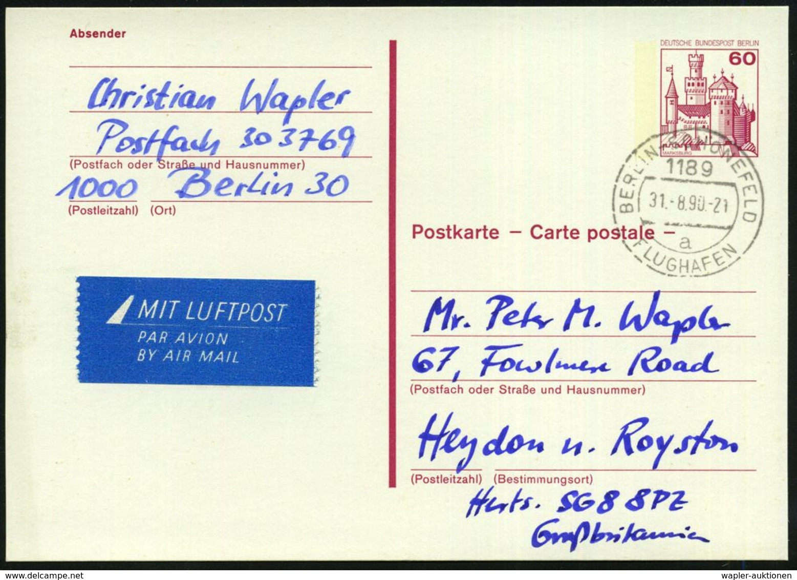 FLUGHAFEN / FLUGHAFEN-POSTÄMTER : 1189 BERLIN-SCHÖNEFELD/ A/ FLUGHAFEN 1990 (31.8.) 1K Auf 60 Pf. Ausl.-P. Burgen, Lilar - Sonstige (Luft)