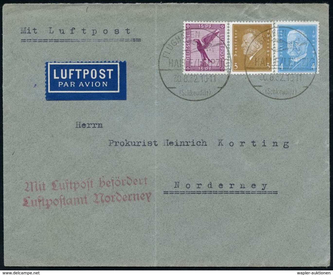 FLUGHAFEN / FLUGHAFEN-POSTÄMTER : HALLE-LEIPZIG/ FLUGHAFEN/ (Schkeuditz) 1932 (30.8.) HWSt = Hauspostamt Flughafen (Mi.A - Altri (Aria)