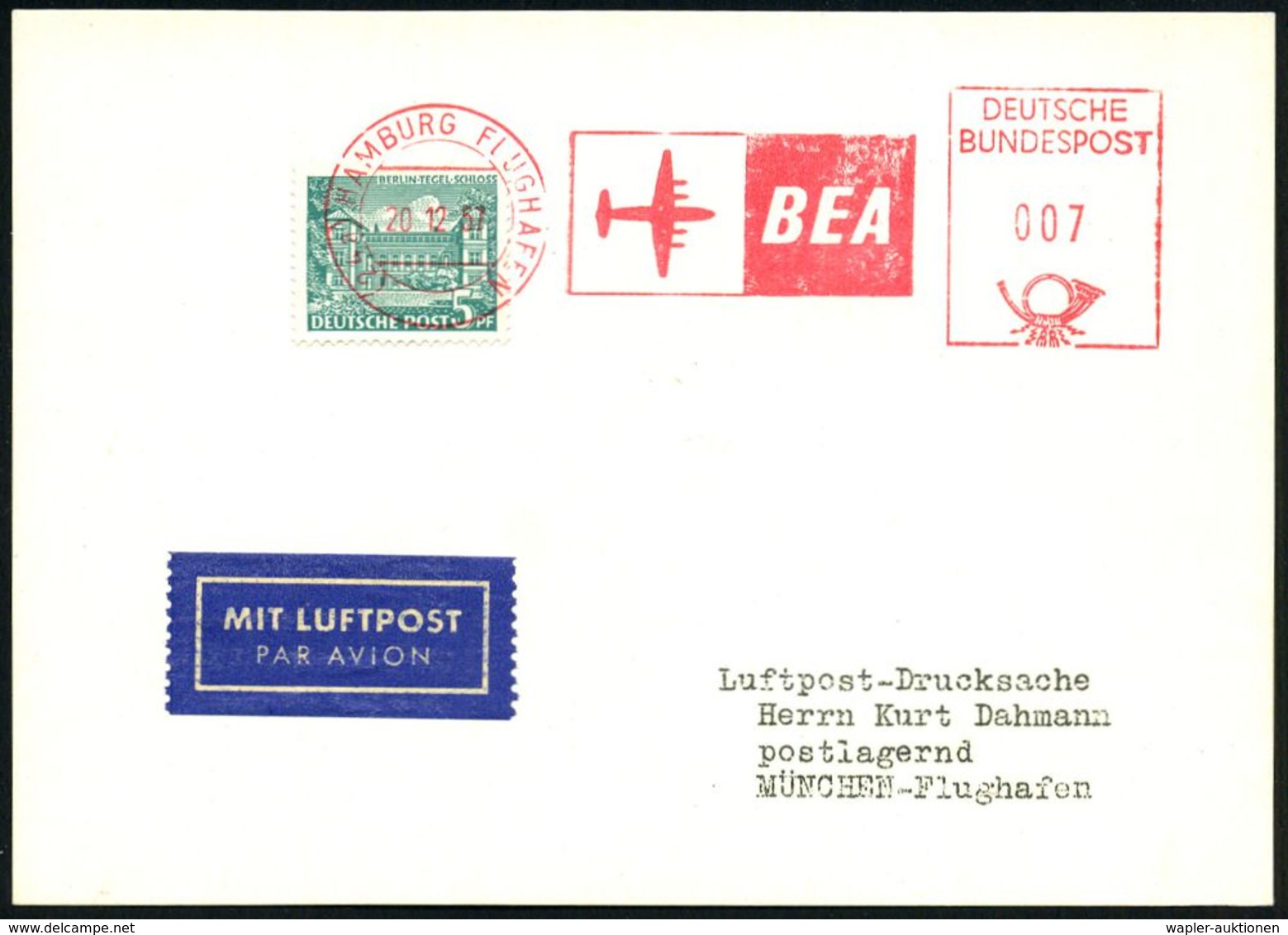 FLUGHAFEN / FLUGHAFEN-POSTÄMTER : (24a) HAMBURG FLUGHAFEN/ BEA 1957 (20.12.) AFS 007 Pf. Als VE Auf Berlin Bauwerke 5 Pf - Sonstige (Luft)