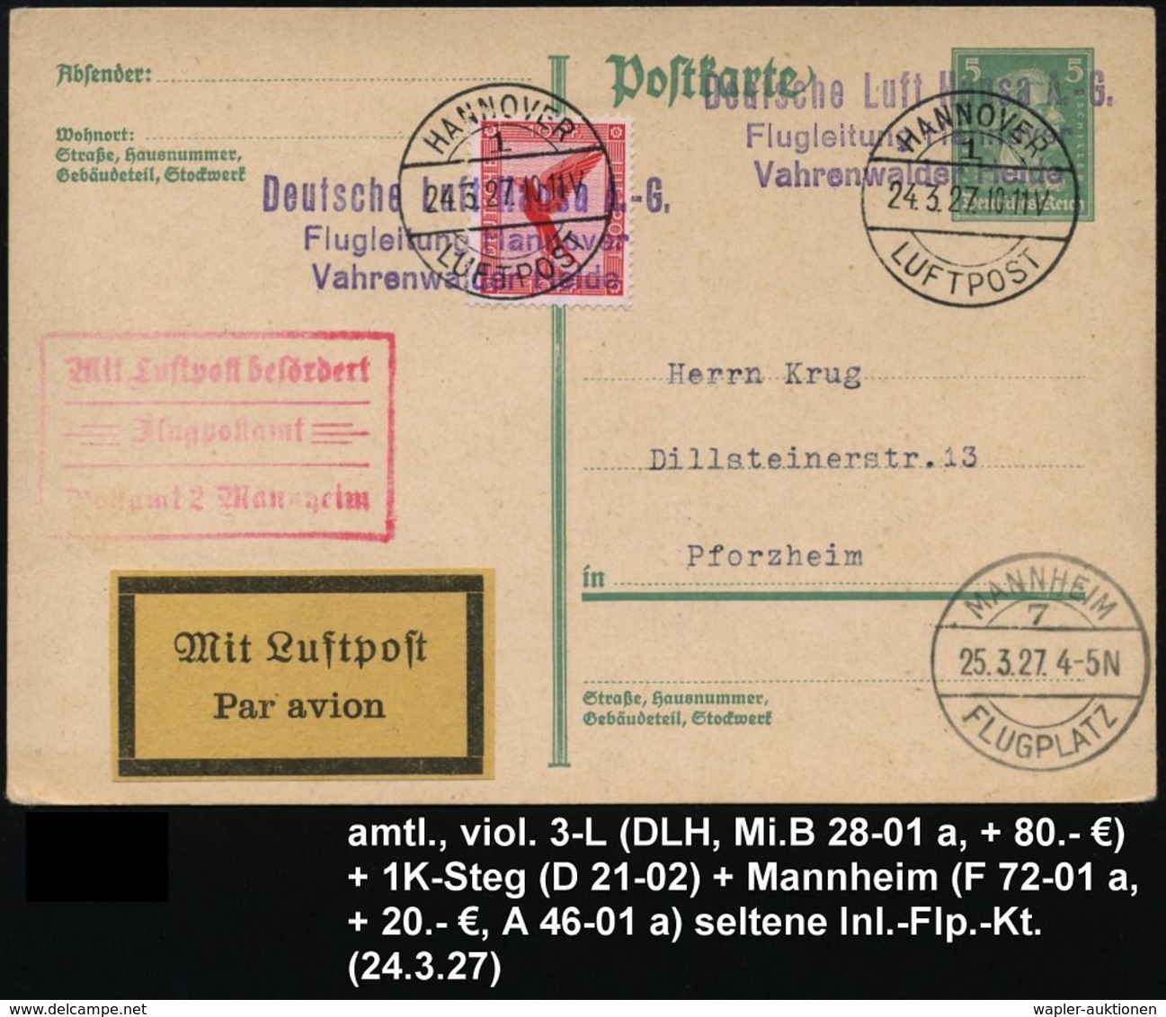 FLUGHAFEN / FLUGHAFEN-POSTÄMTER : Hannover/ Deutsche Luft Hansa A.G./ Flugleitung 1927 (24.3.) Seltener, Amtl. Viol. 3L  - Other (Air)