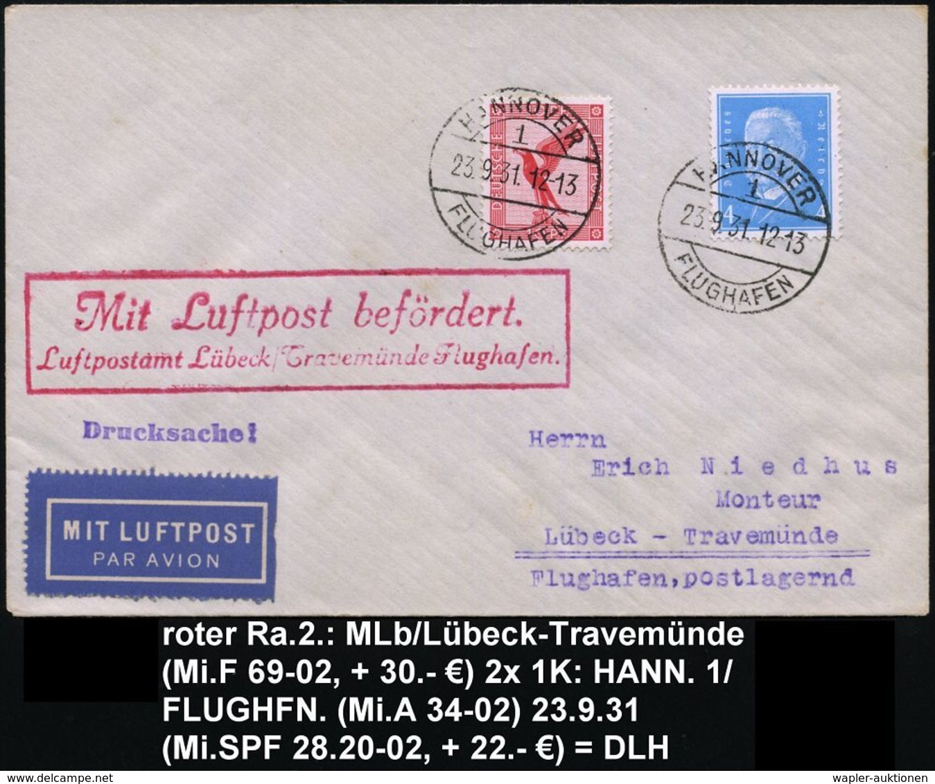 FLUGHAFEN / FLUGHAFEN-POSTÄMTER : Lübeck 1931 (23.9.) Roter Ra.2: MLb/Luftpostamt Lübeck-Travemünde Flughafen (Mi.F 69-0 - Autres (Air)