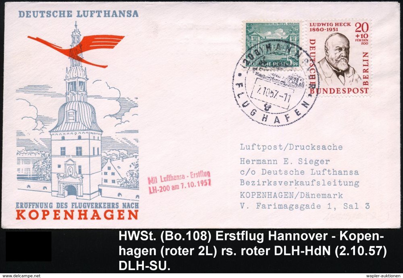 FLUGHAFEN / FLUGHAFEN-POSTÄMTER : (20a) HANNOVER/ FLUGHAFEN 1957 (7.10.) HWSt + Roter 2L: Mit Lufthansa-Erstflug/ LH-200 - Other (Air)