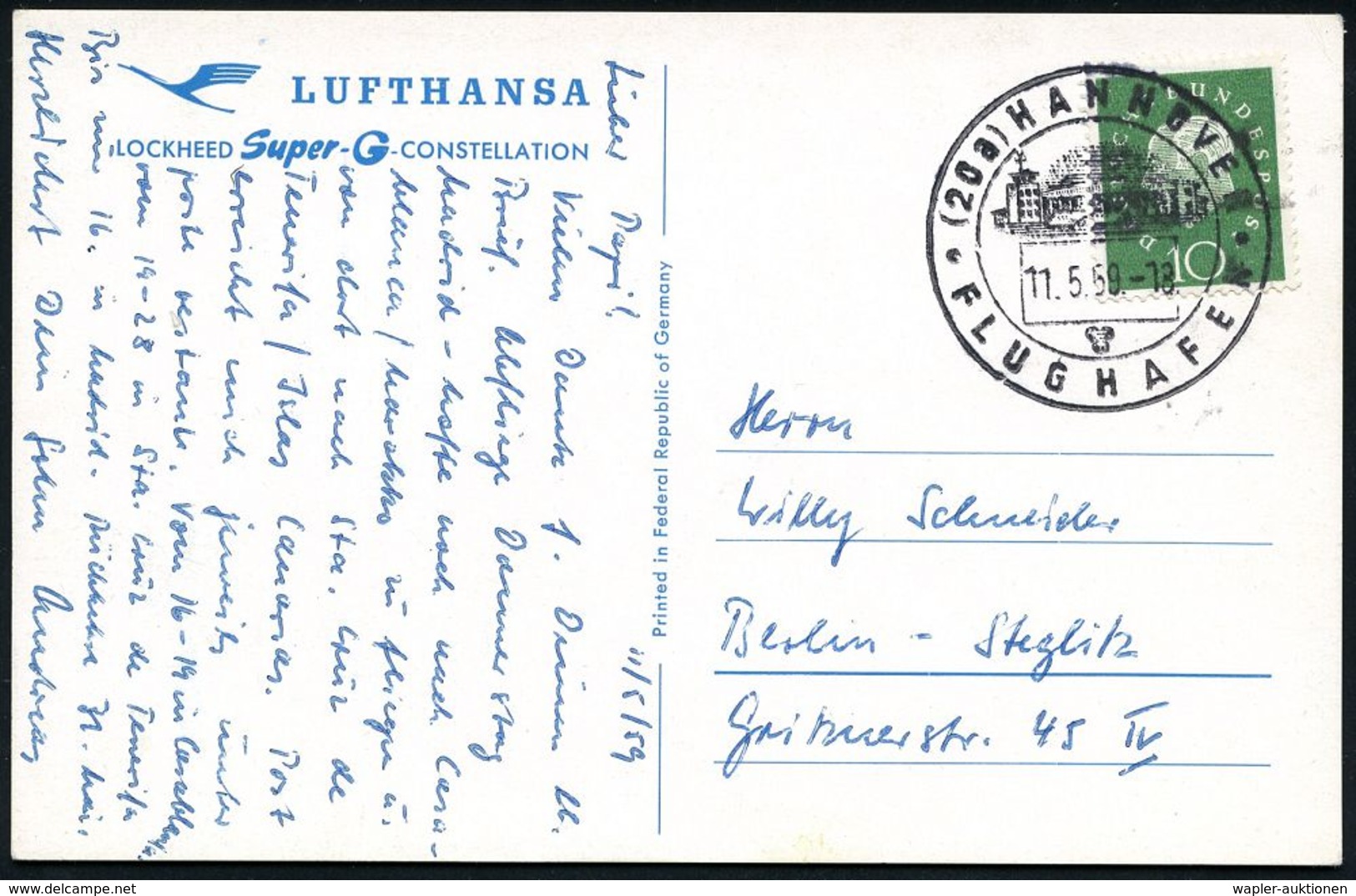 FLUGHAFEN / FLUGHAFEN-POSTÄMTER : (20a) HANNOVER/ FLUGHAFEN 1959 (11.5.) HWSt = Hauspostamt Flughafen (Flughafengebäude) - Other (Air)