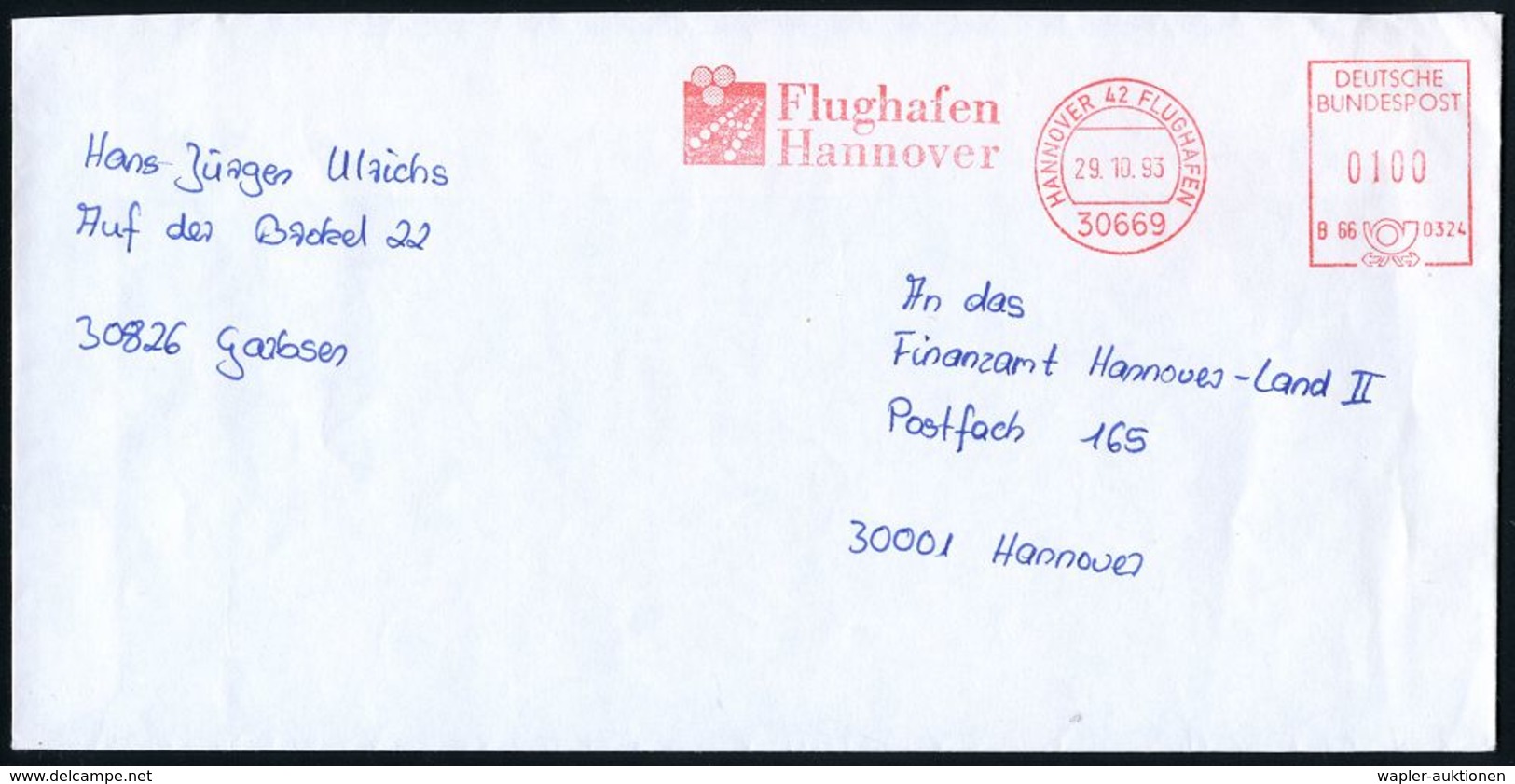 FLUGHAFEN / FLUGHAFEN-POSTÄMTER : 3000 #bzw.# 30669 HANNOVER 42-FLUGHAFEN/ B66 0324/ Flughafen/ Hannover 1993 (26.2./29. - Autres (Air)