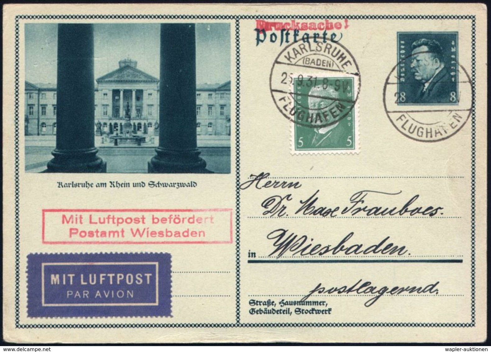 FLUGHAFEN / FLUGHAFEN-POSTÄMTER : KARLSRUHE/ (BADEN)/ FLUGHAFEN 1931 (25.9.) 1K-Brücke (Mi.A 37-02 A) 2x Auf Ortsgleiche - Altri (Aria)