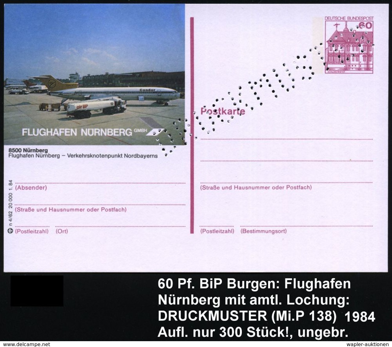 FLUGHAFEN / FLUGHAFEN-POSTÄMTER : 8500 Nürnberg 1984 60 Pf. BiP Burgen: FLUGHAFEN NÜRNBERG.. = "Condor"-Jet, Tank-LKW Mi - Autres (Air)