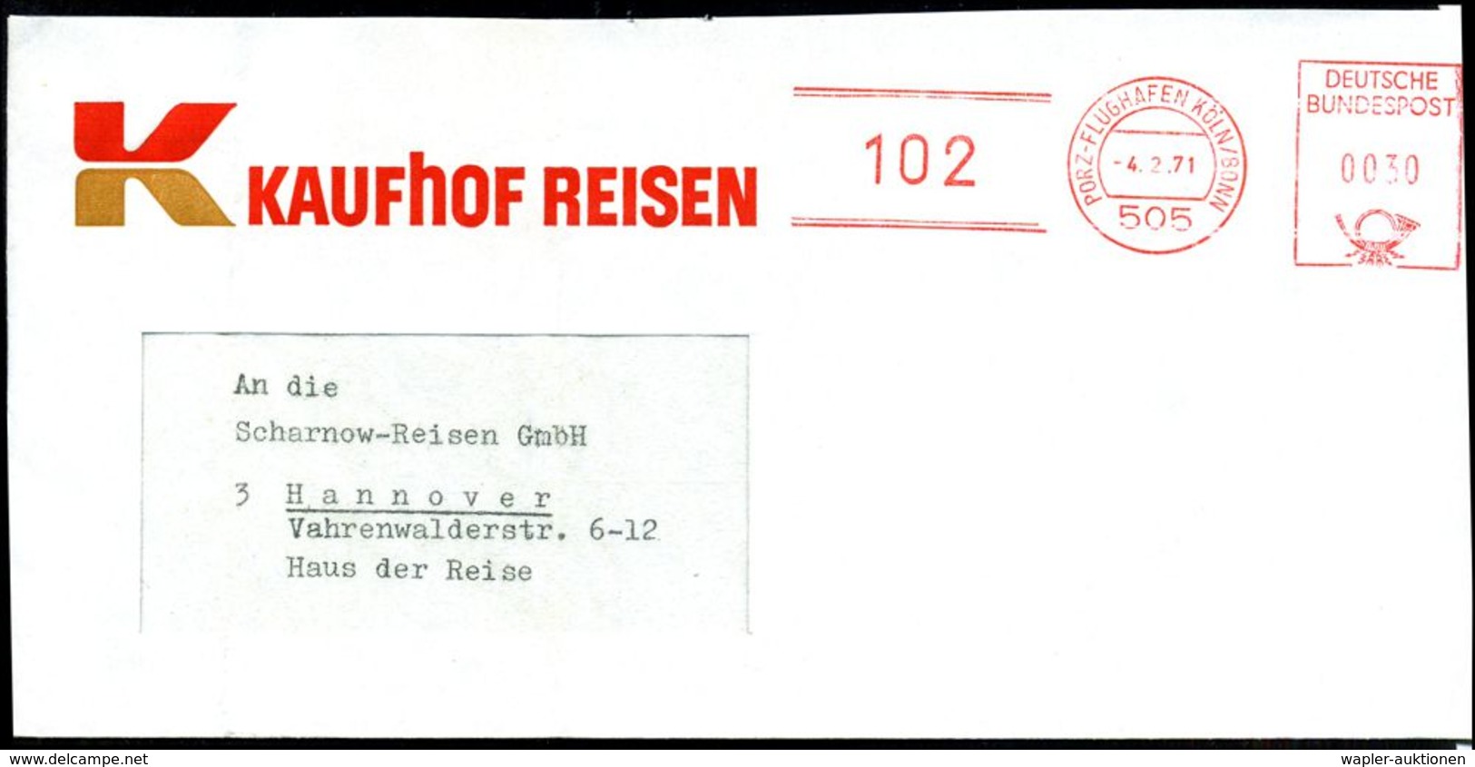 FLUGHAFEN / FLUGHAFEN-POSTÄMTER : 5050 PORZ-FLUGHAFEN KÖLN-BONN/  10 2 1971 (4.2.) Probe-AFS "Postalia" Mit Nummern-Klis - Sonstige (Luft)