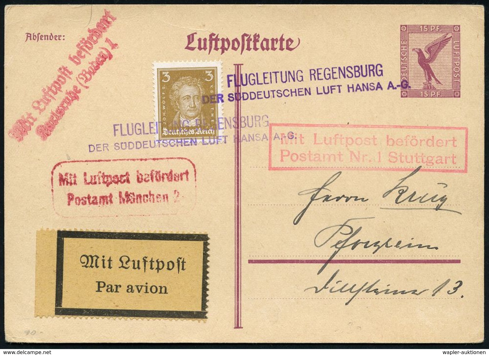 FLUGHAFEN / FLUGHAFEN-POSTÄMTER : Regensburg 1926 (ca.) Viol. 2L: FLUGLEITUNG REGENSBURG/ DER SÜDDEUTSCHEN LUFT HANSA A. - Other (Air)