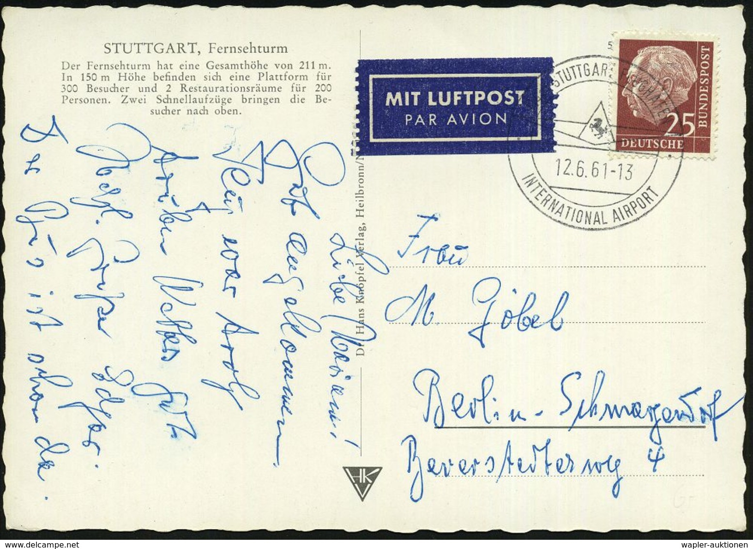 FLUGHAFEN / FLUGHAFEN-POSTÄMTER : (14a) STUTTGART FLUGHAFEN/ INTERNAT.AIRPORT 1961 (12.6.) HWSt Auf EF 25 Pf. Heuss I ,  - Autres (Air)