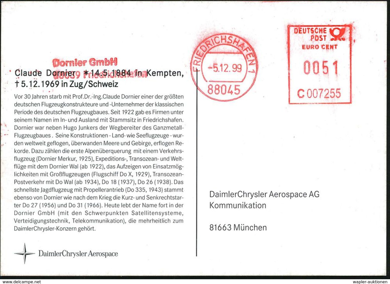 FLUGZEUGINDUSTRIE & -TYPEN : 88045 FRIEDRICHSHAFEN 1/ C 007255/ Dornier GmbH.. 1999 (5.12.) AFS Vom Geburtstag Claude Do - Flugzeuge