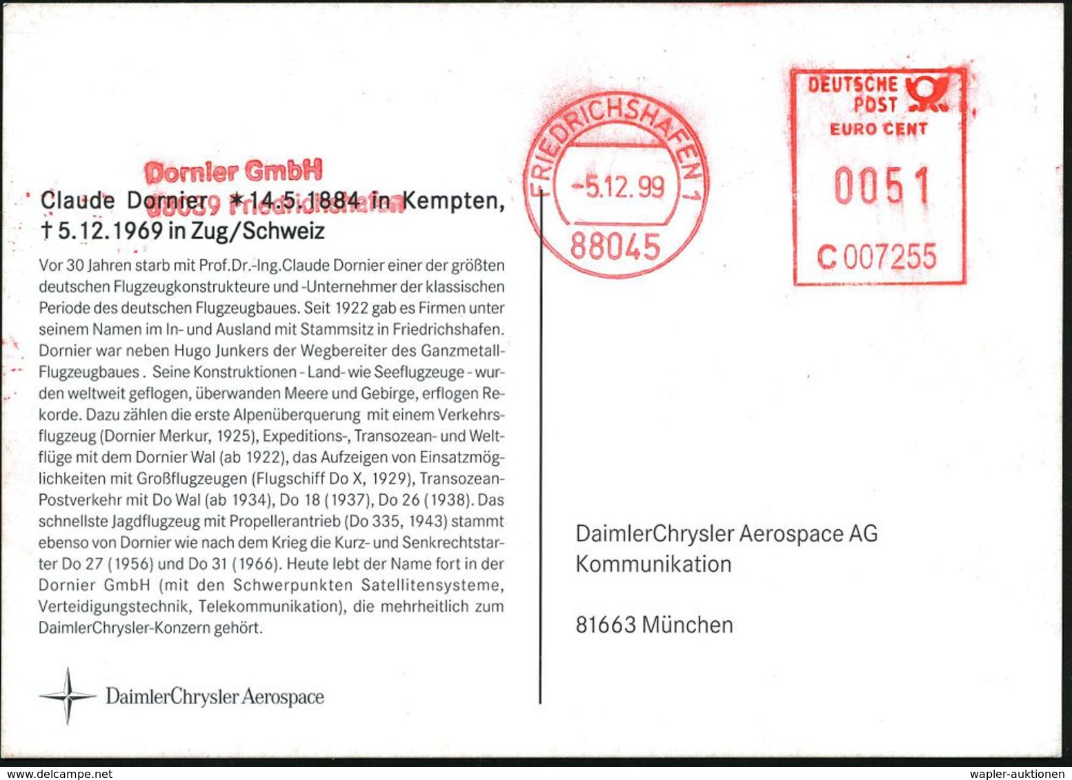 FLUGZEUGINDUSTRIE & -TYPEN : 88045 FRIEDRICHSHAFEN 1/ C 007255/ Dornier GmbH.. 1999 (5.12.) AFS Vom Geburtstag Claude Do - Avions
