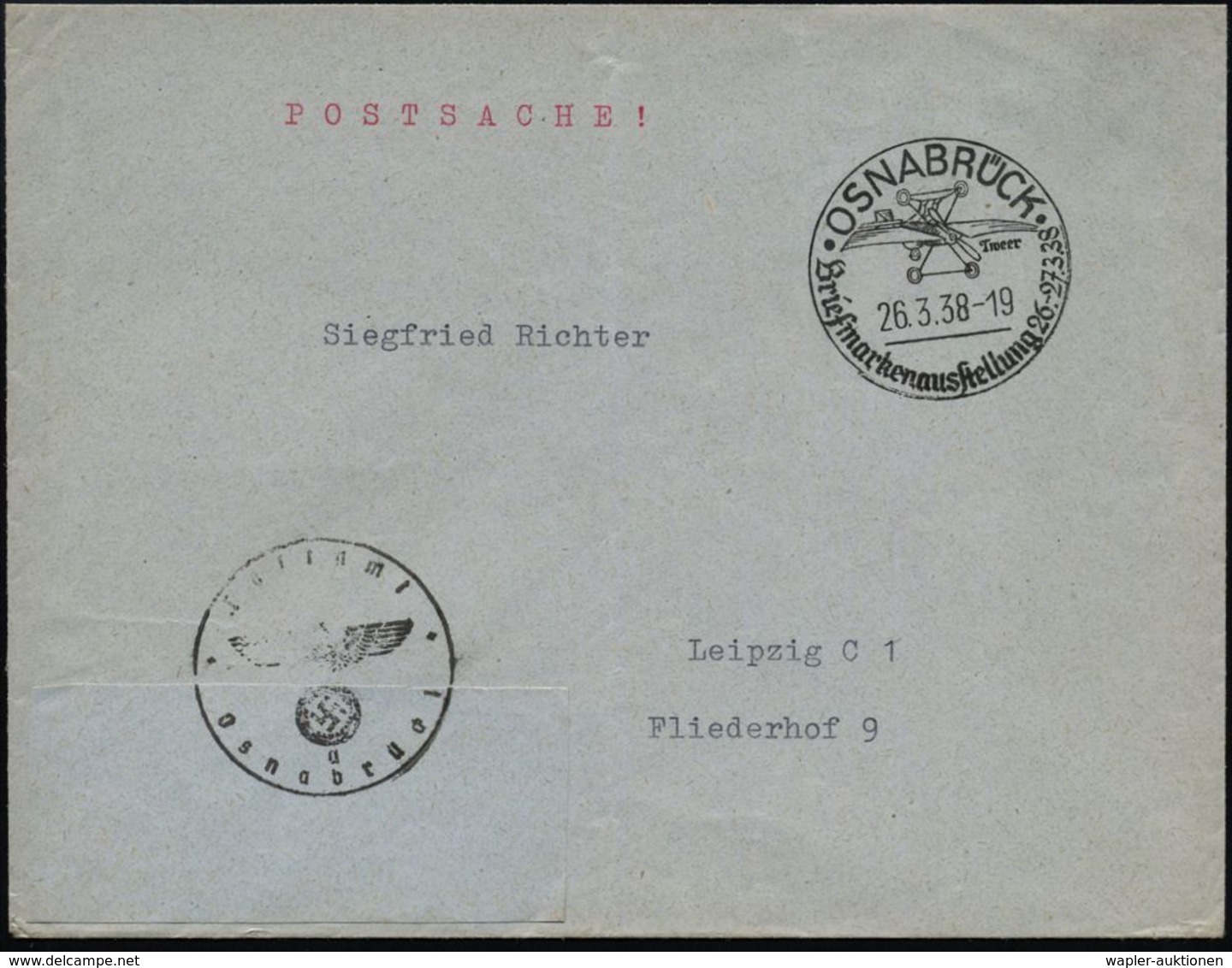 FLUGZEUGINDUSTRIE & -TYPEN : OSNABRÜCK/ Tweer/ Briefmarkenausstellung 1938 (26.3.) SSt = Pionier-Flugzeug "Tweer" + Schw - Airplanes