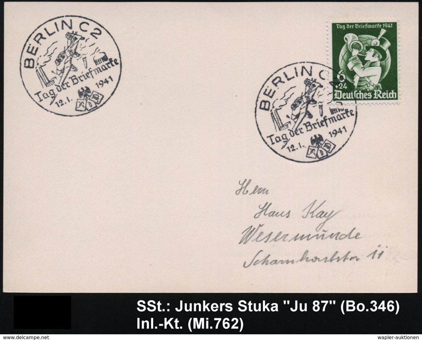 HUGO JUNKERS / JUNKERS-FLUGZEUGE : BERLIN C 2/ Tag Der Briefmarke 1941 (12.1.) SSt = Junkers "Stuka" (Ju 87) EF 6 + 24 P - Flugzeuge