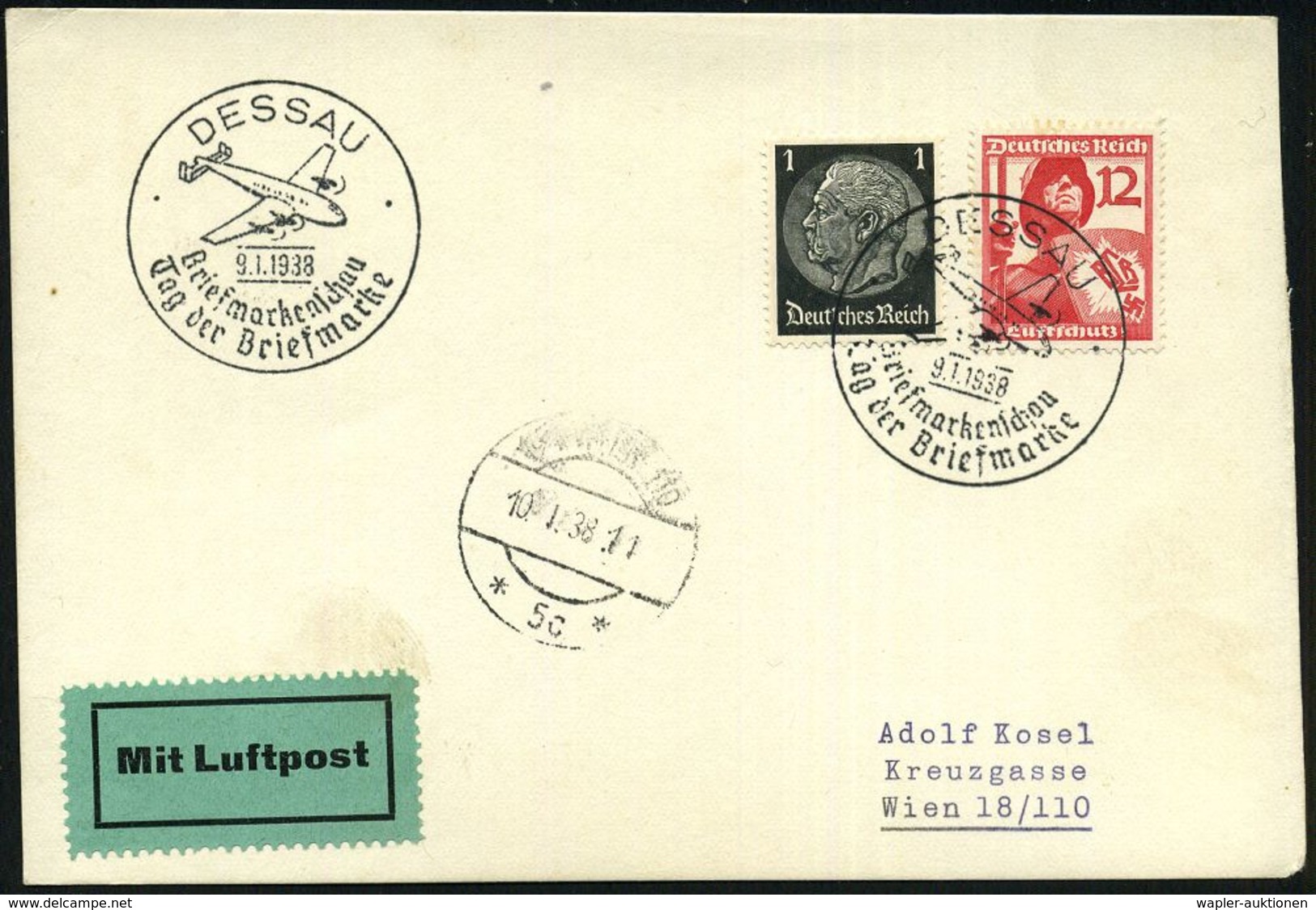 HUGO JUNKERS / JUNKERS-FLUGZEUGE : DESSAU/ ..Tag Der Briefmarke 1938 (9.1.) SSt = Junkers Ju 90 (gr. Passagierflugzeug " - Airplanes