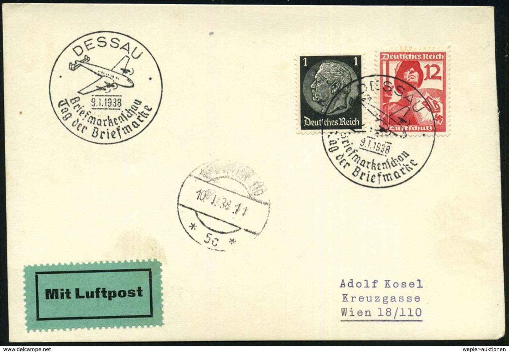 HUGO JUNKERS / JUNKERS-FLUGZEUGE : DESSAU/ ..Tag Der Briefmarke 1938 (9.1.) SSt = Junkers Ju 90 (gr. Passagierflugzeug " - Avions