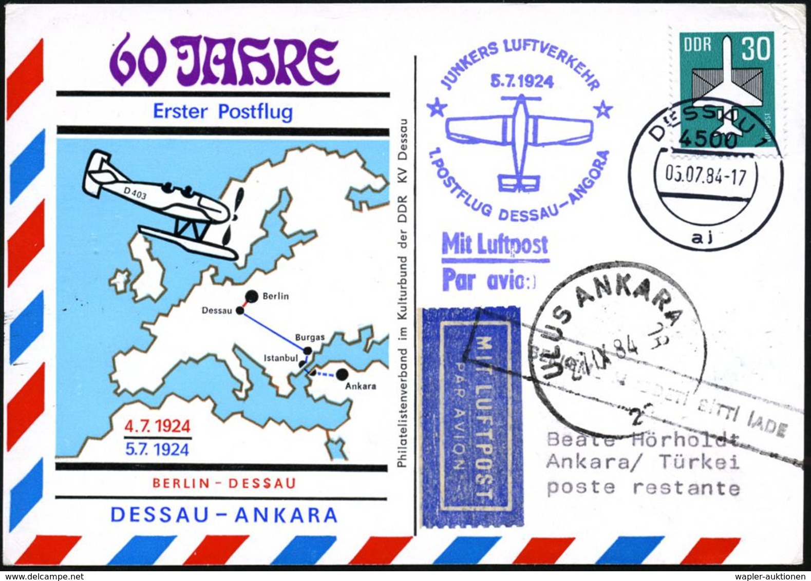 HUGO JUNKERS / JUNKERS-FLUGZEUGE : 4500 DESSAU 1/ Aj 1984 (5.7.) 1K + Viol. HdN: JUNKERS LUFTVERKEHR/1.POSTFLUG DESSAU - - Avions