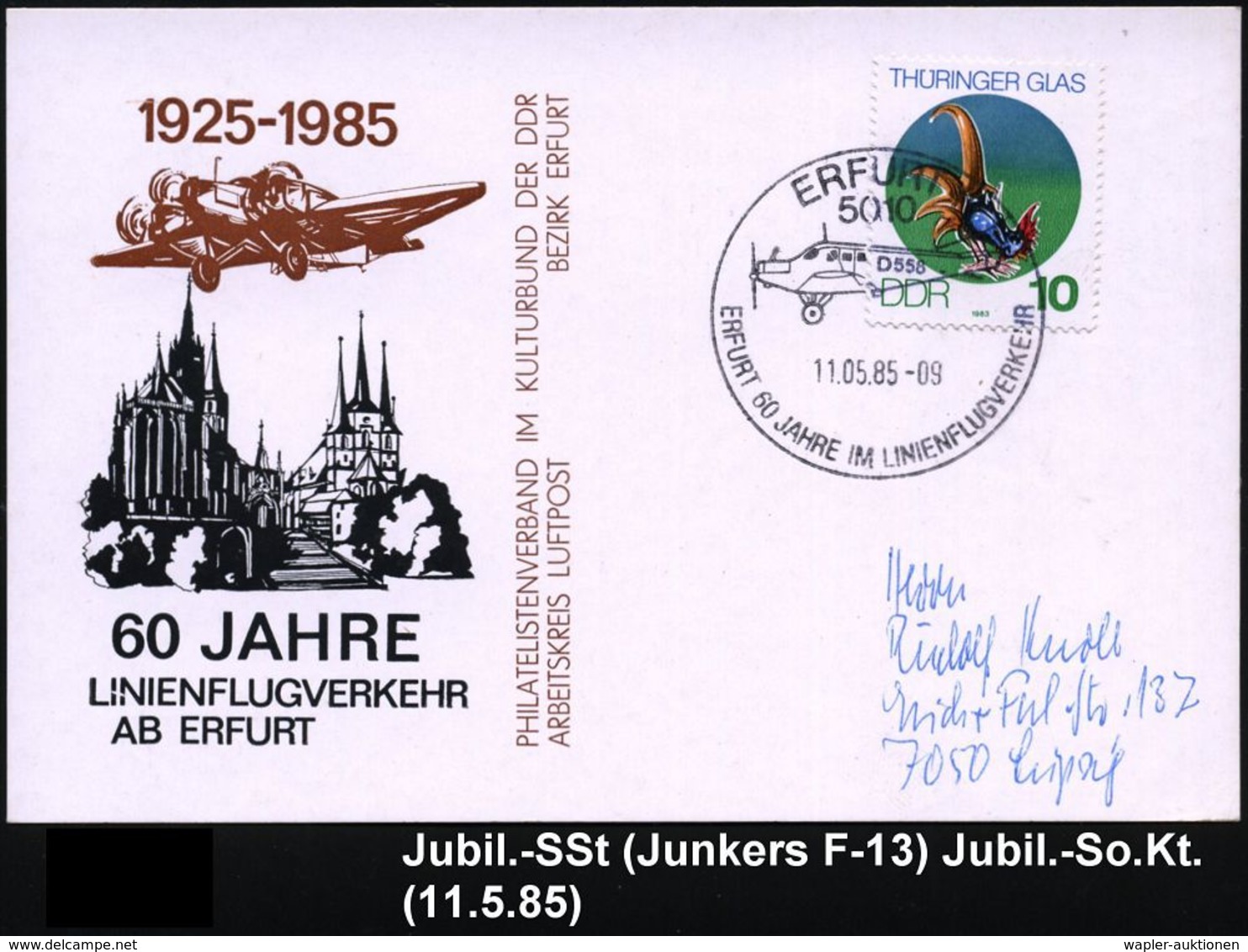 HUGO JUNKERS / JUNKERS-FLUGZEUGE : 5010 ERFURT 1/ ..50 JAHRE IM LINIENFLUGVERKEHR 1985 (11.5.) SSt = Junkers "F-13" Klar - Aerei