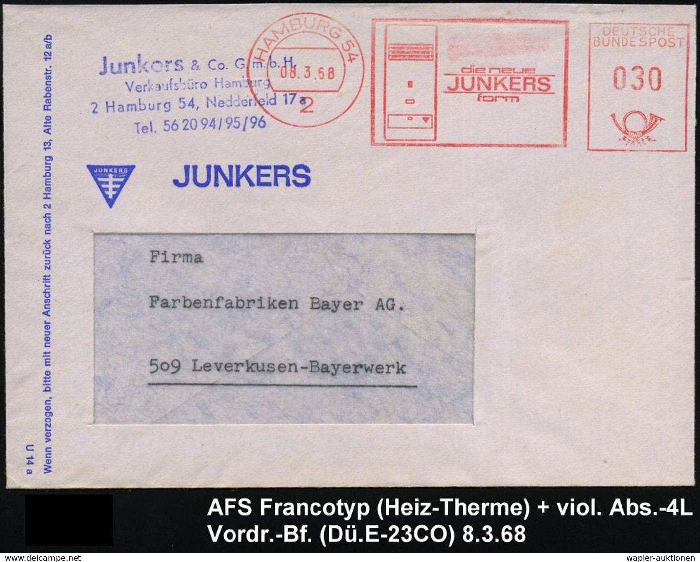 HUGO JUNKERS / JUNKERS-FLUGZEUGE : 2 HAMBURG 54/ Die Neue/ JUNKERS/ Form 1968 (8.3.) AFS = Gas-Durchlauferhitzer + Blaue - Avions