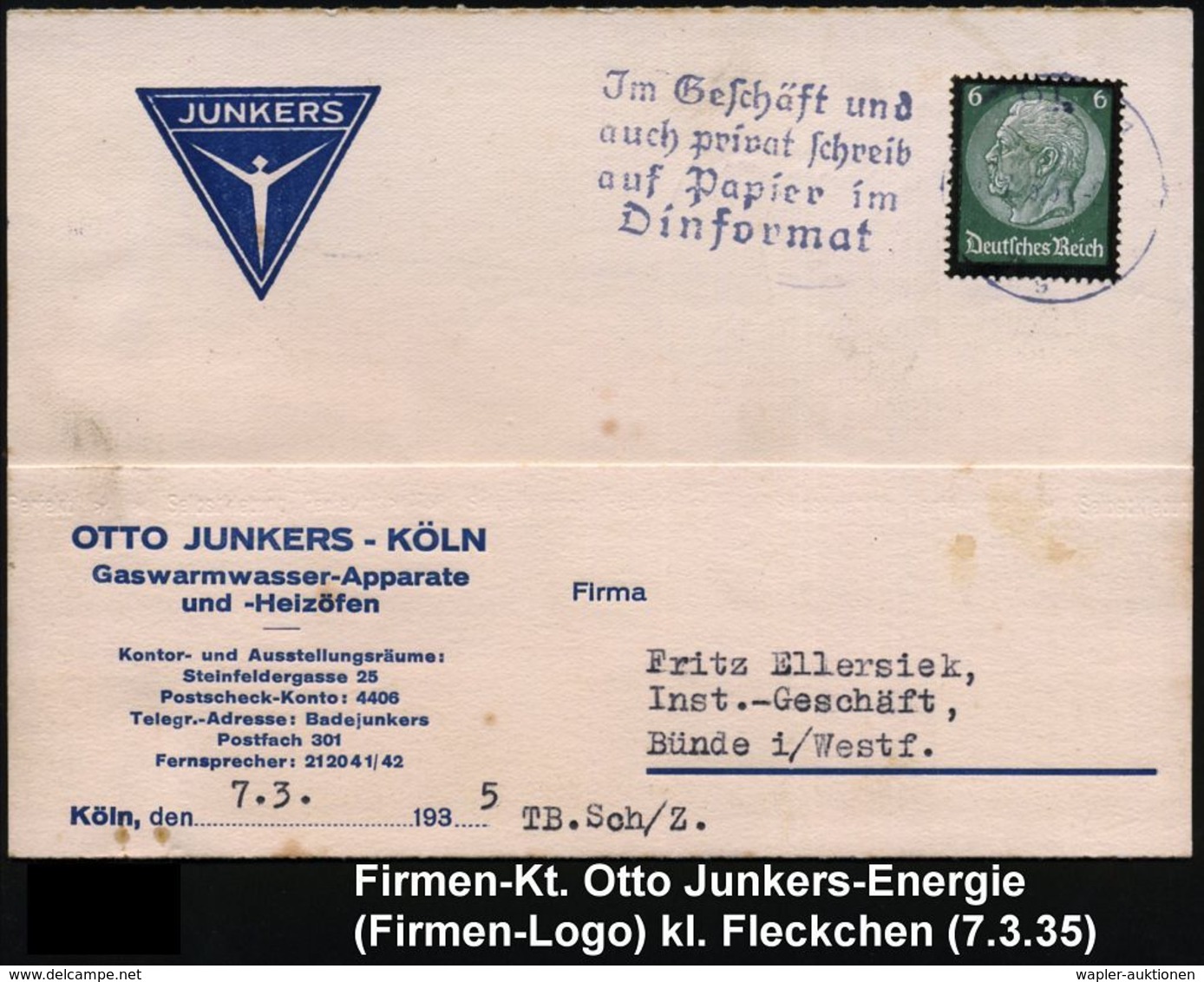 HUGO JUNKERS / JUNKERS-FLUGZEUGE : Köln 1935 (7.3.) Firmen-Kt.: OTTO JUNKERS - KÖLN, Gaswarmwasser-Apparate U. Heizöfen. - Avions