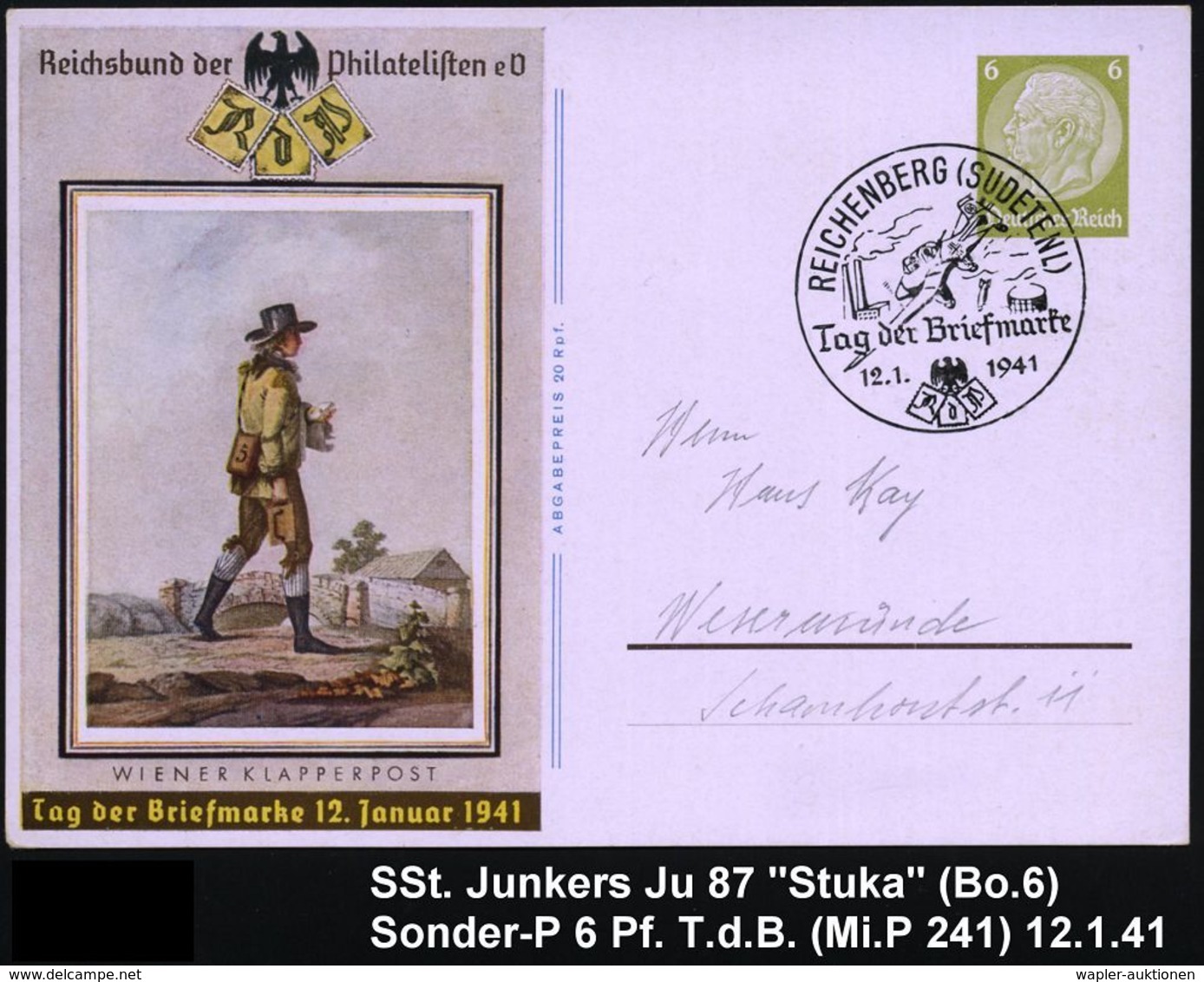 HUGO JUNKERS / JUNKERS-FLUGZEUGE : REICHENBERG (SUDETENL)/ Tag Der Briefmarke 1941 (12.1.) SSt = Junkers "Stuka Ju-87" A - Flugzeuge