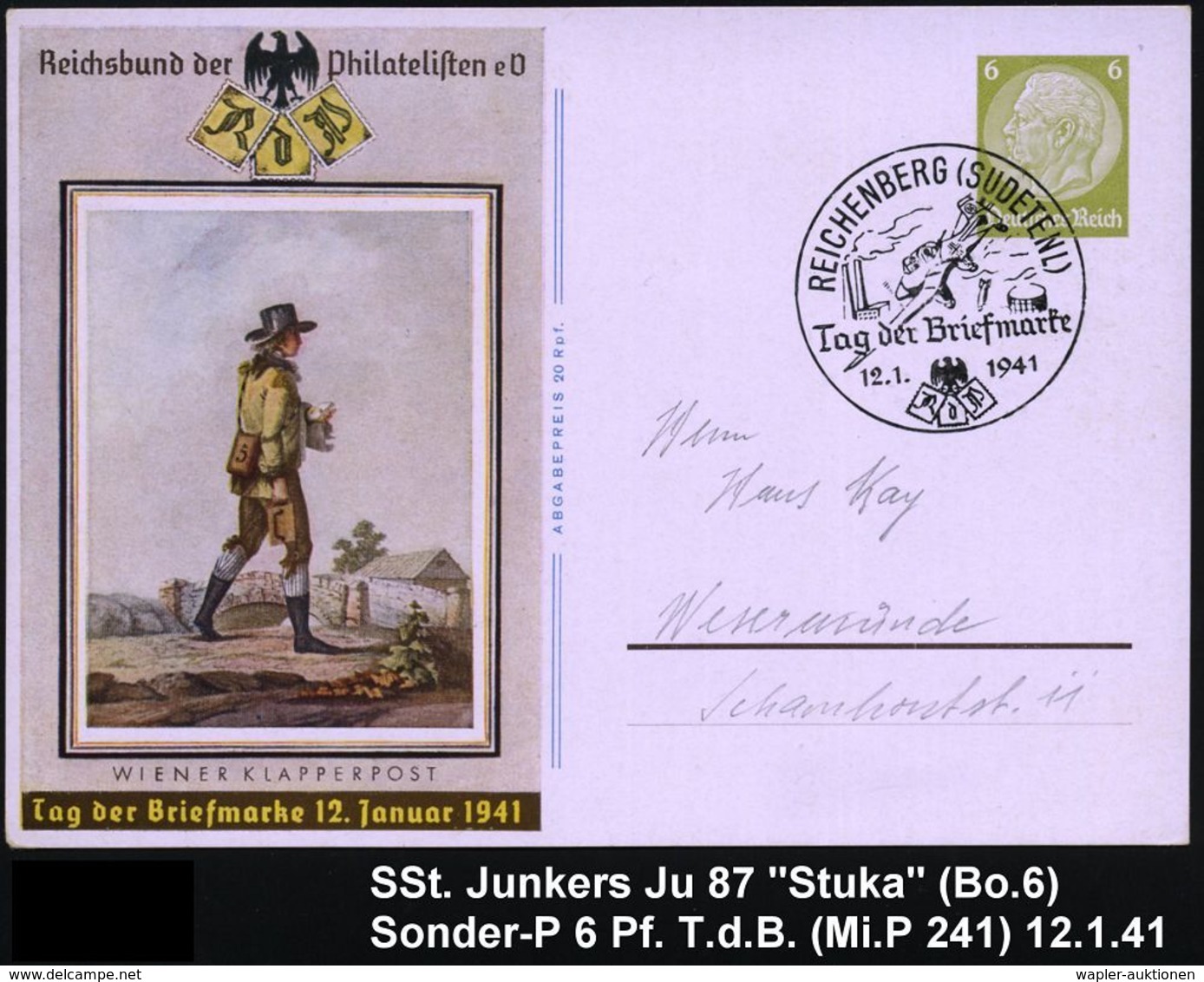 HUGO JUNKERS / JUNKERS-FLUGZEUGE : REICHENBERG (SUDETENL)/ Tag Der Briefmarke 1941 (12.1.) SSt = Junkers "Stuka Ju-87" A - Avions