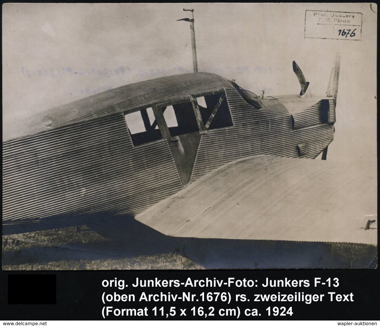 HUGO JUNKERS / JUNKERS-FLUGZEUGE : DEUTSCHES REICH 1925 (ca.) Orig. S/w.-Archiv-Foto: Junkers "F-13" Mit Vermerk "Prof.  - Flugzeuge