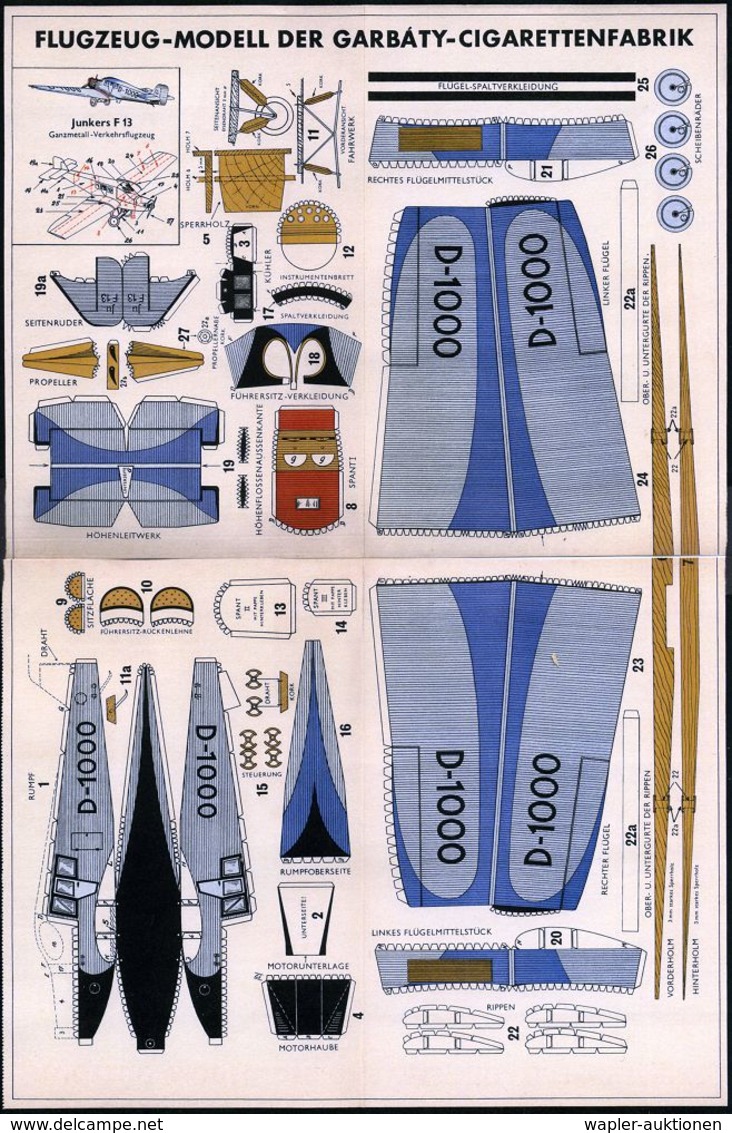 HUGO JUNKERS / JUNKERS-FLUGZEUGE : DEUTSCHES REICH 1928 (ca.) Orig. Großformatiger Bastelbogen Der Zigaretten-Firma "Gar - Flugzeuge