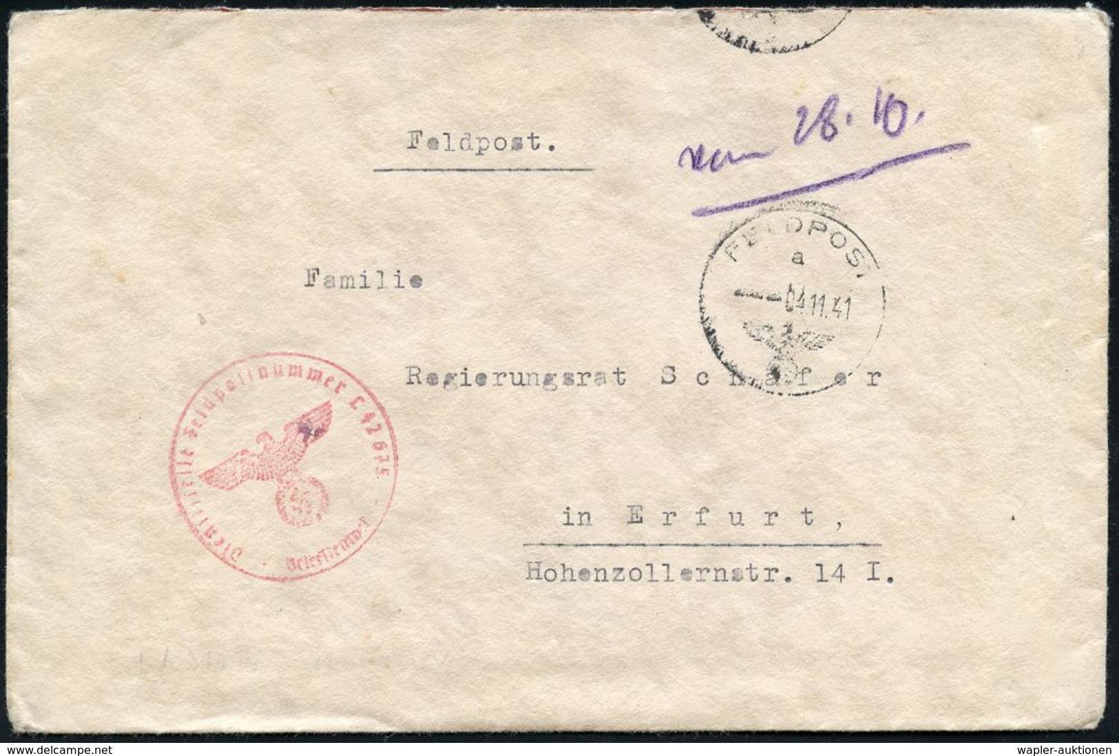 HUGO JUNKERS / JUNKERS-FLUGZEUGE : DEUTSCHES REICH 1941 (24.11.) 1K.: FELDPOST/a/--- + Roter 1K-HdN: Feldpost-Nr. L 42 6 - Vliegtuigen