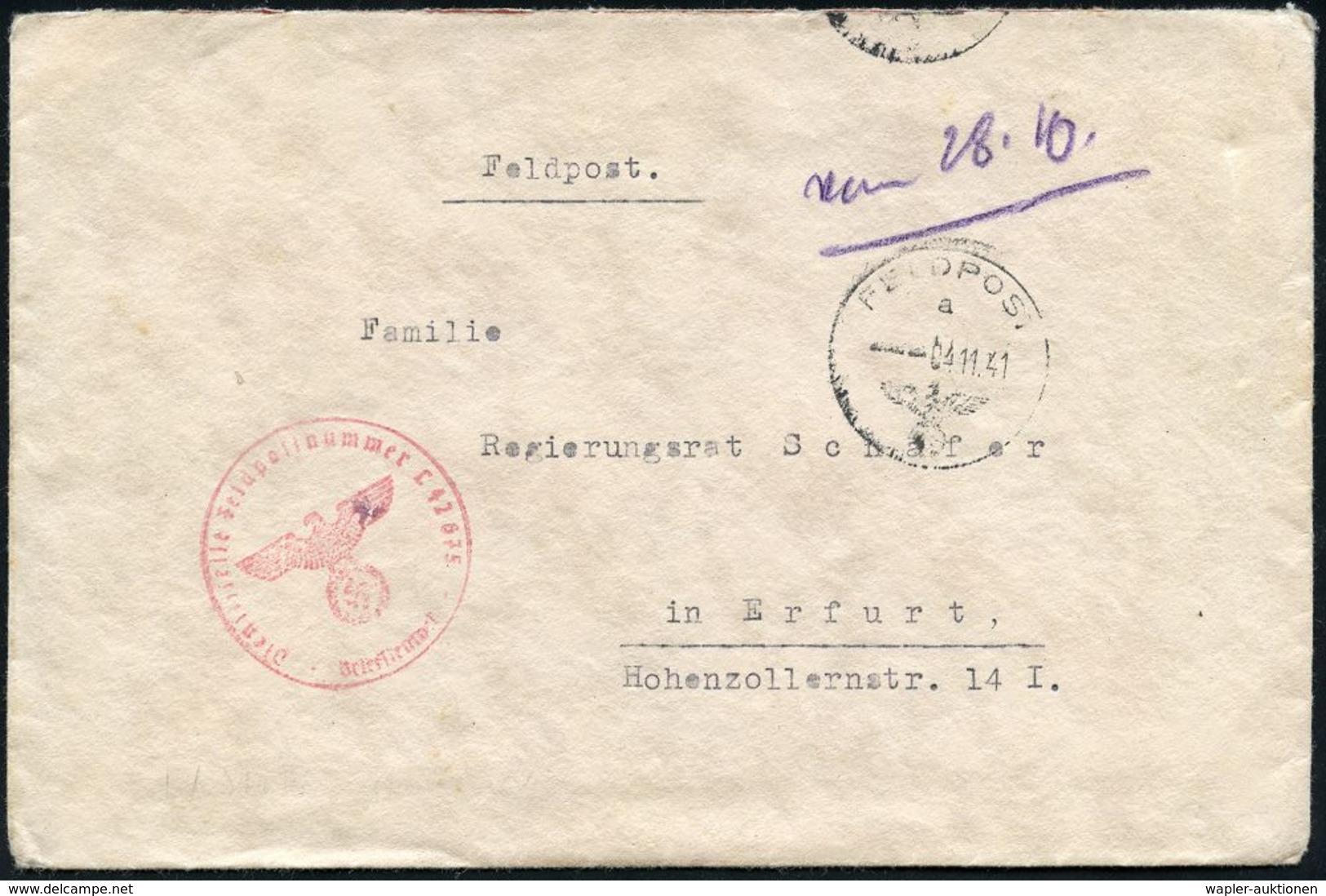 HUGO JUNKERS / JUNKERS-FLUGZEUGE : DEUTSCHES REICH 1941 (24.11.) 1K.: FELDPOST/a/--- + Roter 1K-HdN: Feldpost-Nr. L 42 6 - Avions