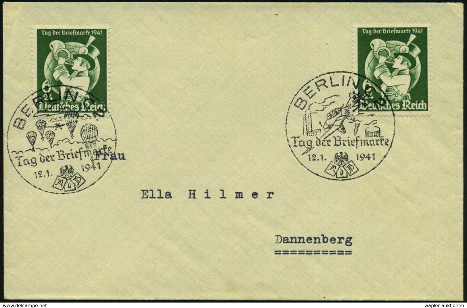 MILITÄRFLUGWESEN / MILITÄRFLUGZEUGE : BERLIN C 2/ Tag Der Briefmarke 1941 (12.1.) 2 Verschiedene SSt = Fallschirmjäger B - Flugzeuge