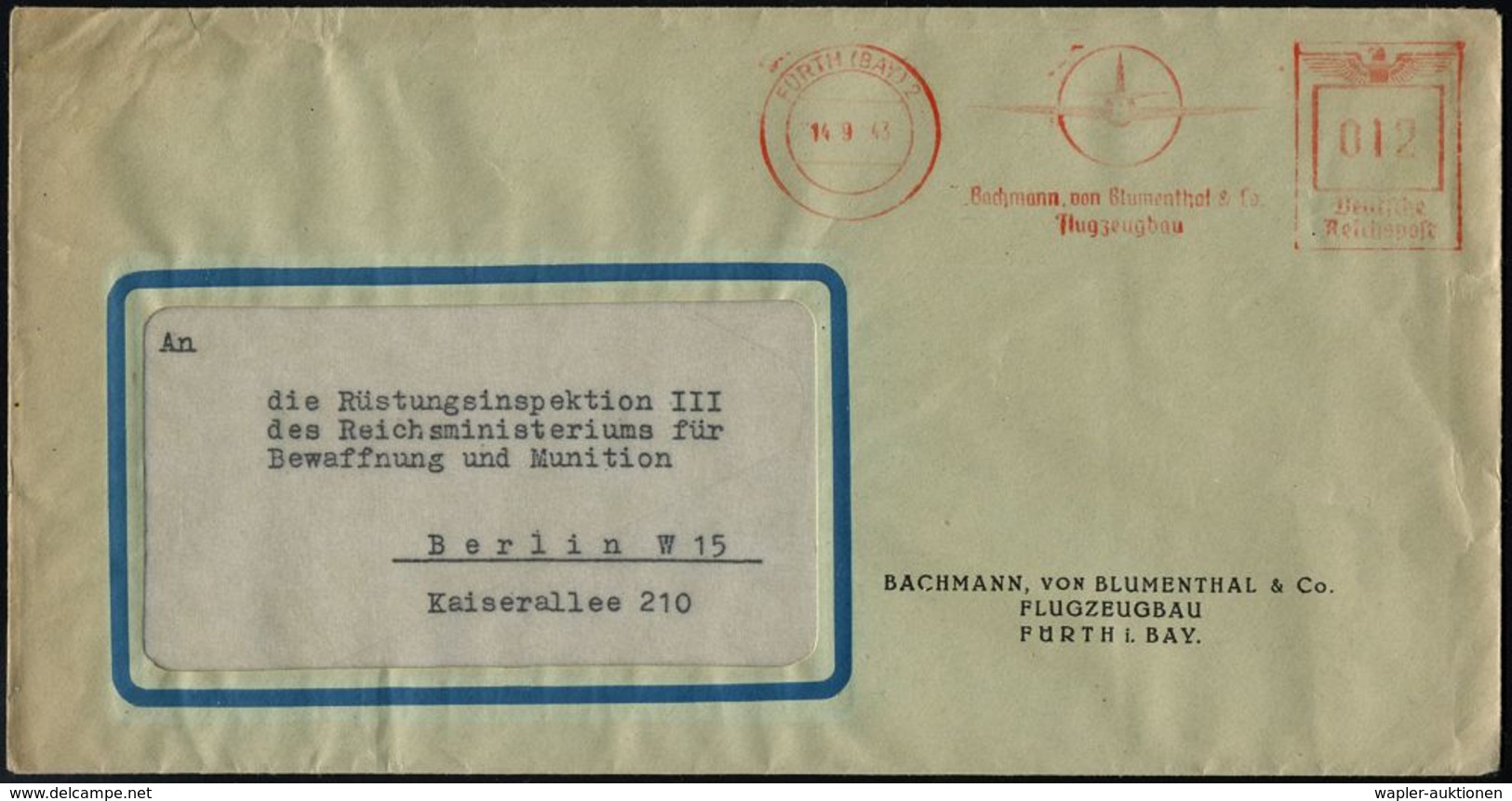 MILITÄRFLUGWESEN / MILITÄRFLUGZEUGE : FÜRTH (BAY)2/ Bachmann,von Blumenthal & Co/ Flugzeugbau 1942 (14.7.) Seltener AFS  - Avions