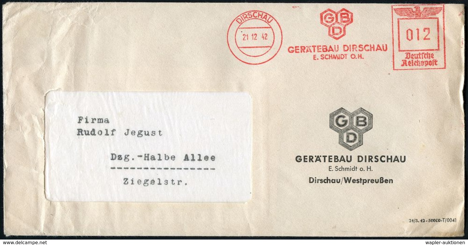 MILITÄRFLUGWESEN / MILITÄRFLUGZEUGE : DIRSCHAU/ GBD/ GERÄTEBAU DIRSCHU/ E.SCHMIDT O.H. 1942 (21.12.) Sehr Seltener AFS ( - Airplanes